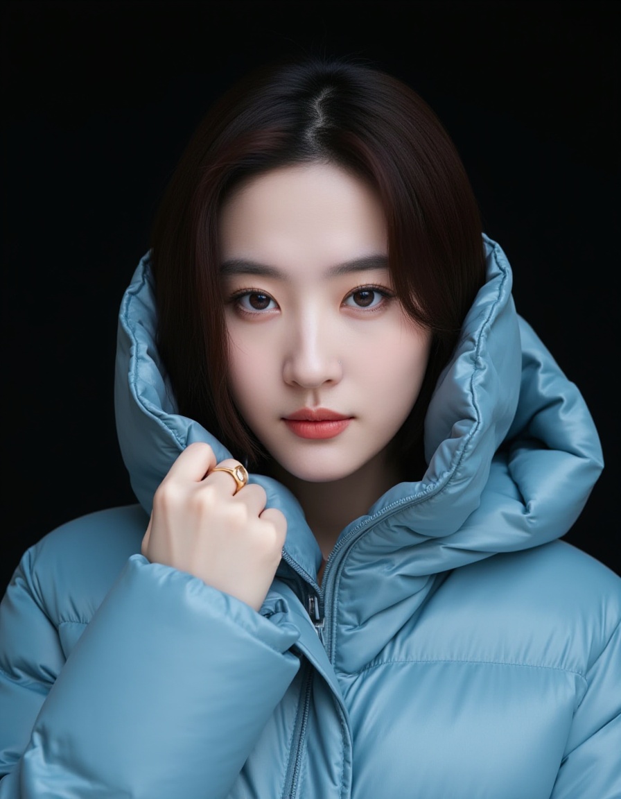 This is a photograph of a young Asian woman with fair skin,  dark brown hair,  and expressive eyes. She wears a light blue...
