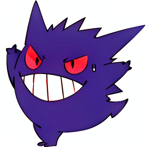 gengar,anime,oblique view,pointed ears,red eyes,spiky hair,fat body,three fingers,three toes,purple body,no humans,red sclera,tail,pokemon (creature),simple background,white background,solo,white teeth,full body,sweatdrop,colored sclera,sharp teeth,walking,arms down,looking at viewer,sweat,<lora:pokemon_gengar:0.8>,