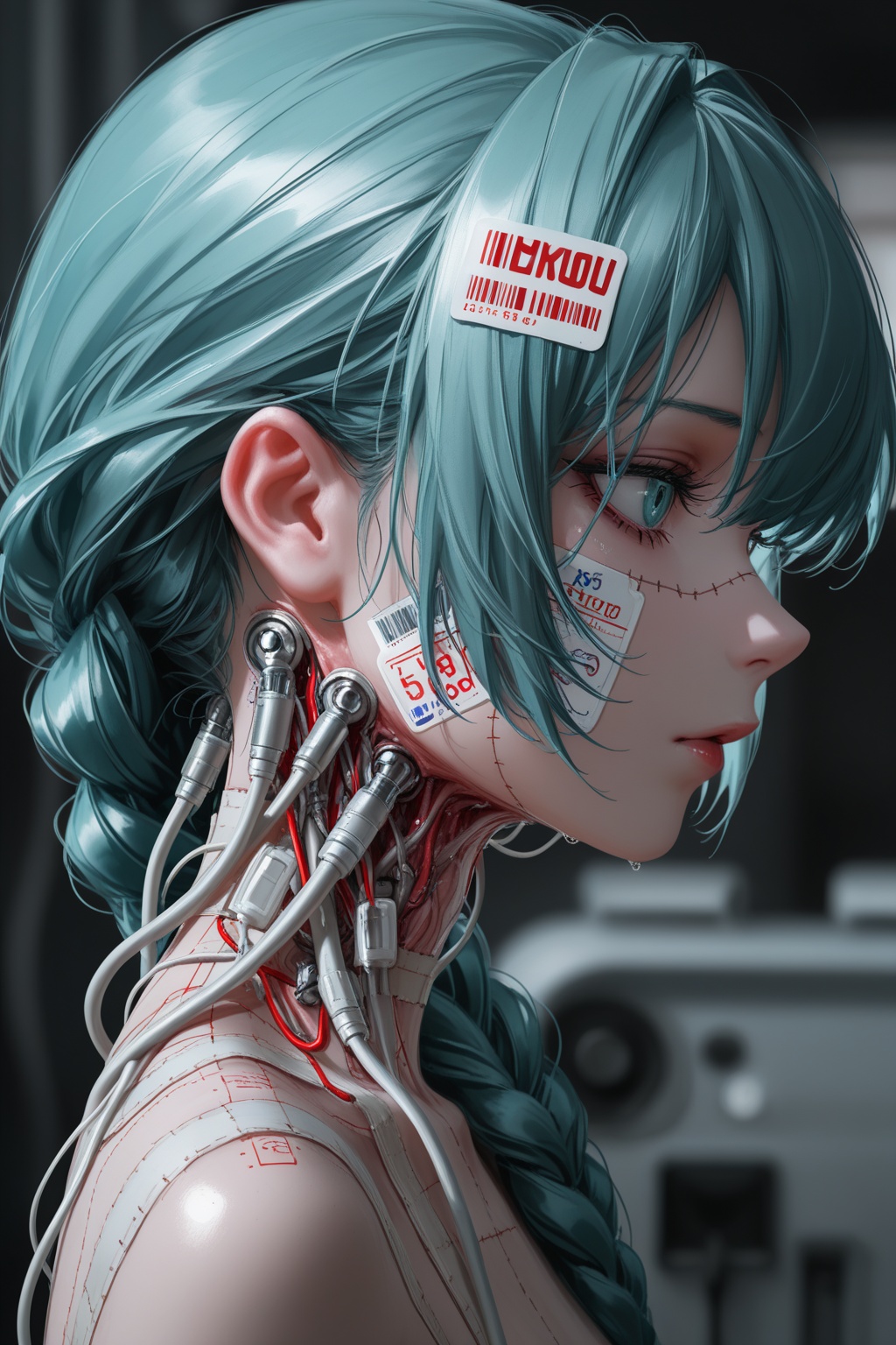 masterpiece,best quality,amazing quality,very aesthetic,absurdres,newest,highres,hatsune miku,yoneyama mai:0.5,nixeu:0.5,beast_quality,masterpiece,Ultra sharp,detailed demon cyborg,patches of human skin,messy internal wiring,too many thin wires,barcode product sticker,spring coils,clips,mesh,labels,skin graphs living human flesh stitched together,sutures,stitches,post-op,translucent silicone ligaments,nylon braided data sync cables,power supply connection clips,hellraiser,cenobite,demon summoned,necromancy,side view profile,portrait,being built by a techno-shaman s evil craftsmanship,blurry clandestine repair shop background,