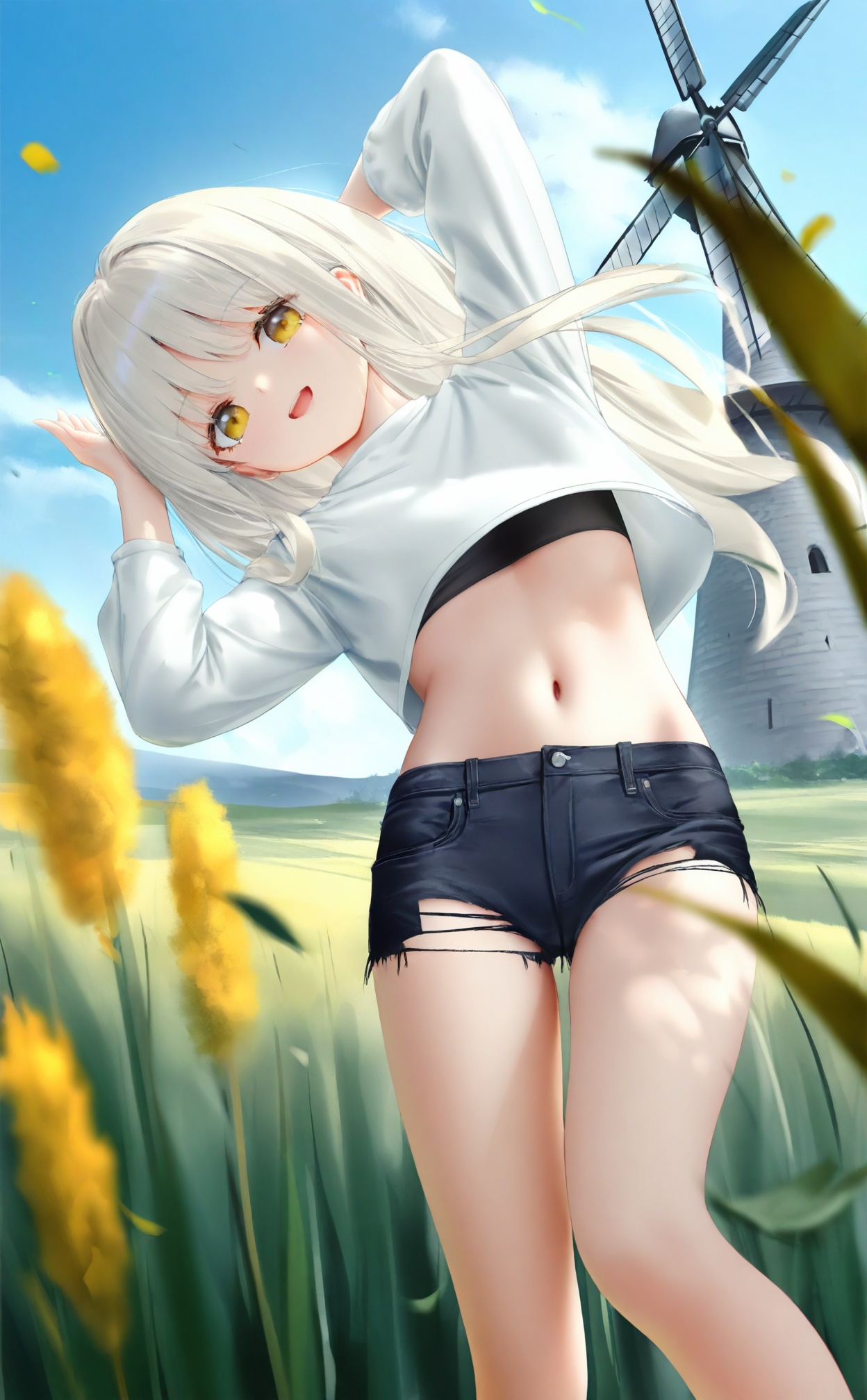 masterpiece,best quality,high quality,loli,(Artist chen bin:1.5),(Artist agwing86:1.3),(Artist aki99:0.5),(Artist z282g:0.9),artist:wanke,(artist:ke-ta:0.6),[Artist:wlop],(Artist wsman:0.6),(fkey:0.5),(hiten \(hitenkei\):0.6),loli, (colorful), 1girl, solo, outdoors, shorts, sky, long hair, cloud, navel, falling leaves, cutoffs, arms up, crop top, smile, grass, windmill, midriff, day, black shorts, long sleeves, floating hair, stomach, wind, blue sky, standing, open mouth, shirt, short shorts, denim, white hair, white shirt, yellow eyes, :d, torn shorts, feet out of frame, looking at viewer, denim shorts, leaf, thighs