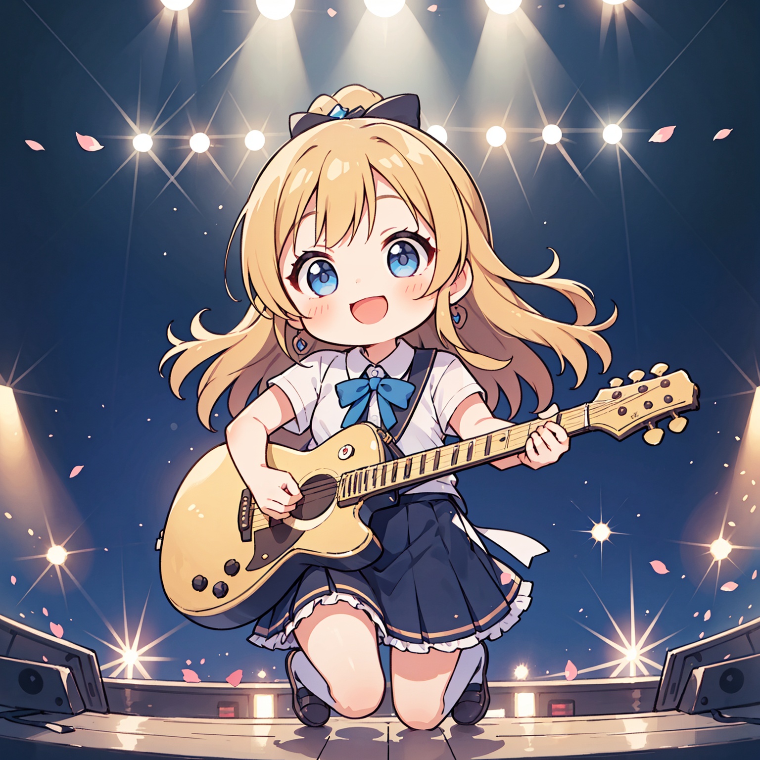 A girl with long blonde hair and blue eyes poses in front of a camera, wearing a white shirt and a black skirt. She has a cute smile. She holds a guitar in hand. She is a singer-songwriter who loves music and dreams of becoming a star. She is Nμ, a character from the anime "Love Live! Nijigasaki High School Idol Club",on stage,stage lighting,(from below),((jump up))