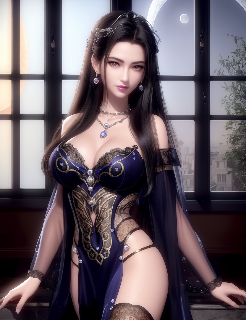 ultra realistic 8k cg, picture-perfect face, flawless, clean, masterpiece, professional artwork, famous artwork, cinematic lighting, cinematic bloom, perfect face, beautiful face, fantasy, dreamlike, unreal, science fiction,  beautiful clothes, lace, lace trim, lace-trimmed legwear,  (rich:1.4), prestige, luxury, jewelry, diamond, gold, pearl, gem, sapphire, ruby, emerald, intricate detail, delicate pattern, charming, alluring, seductive, erotic, enchanting, hair ornament, necklace, earrings, bracelet, armlet,halo((,1girl, pov,))(((,window, 1girl, solo, moon, breasts, indoors, cleavage, black_hair, round_window, hair_ornament, long_hair, jewelry,looking at viewer, ))) <lora:DA_CaoNvYao:0.6>