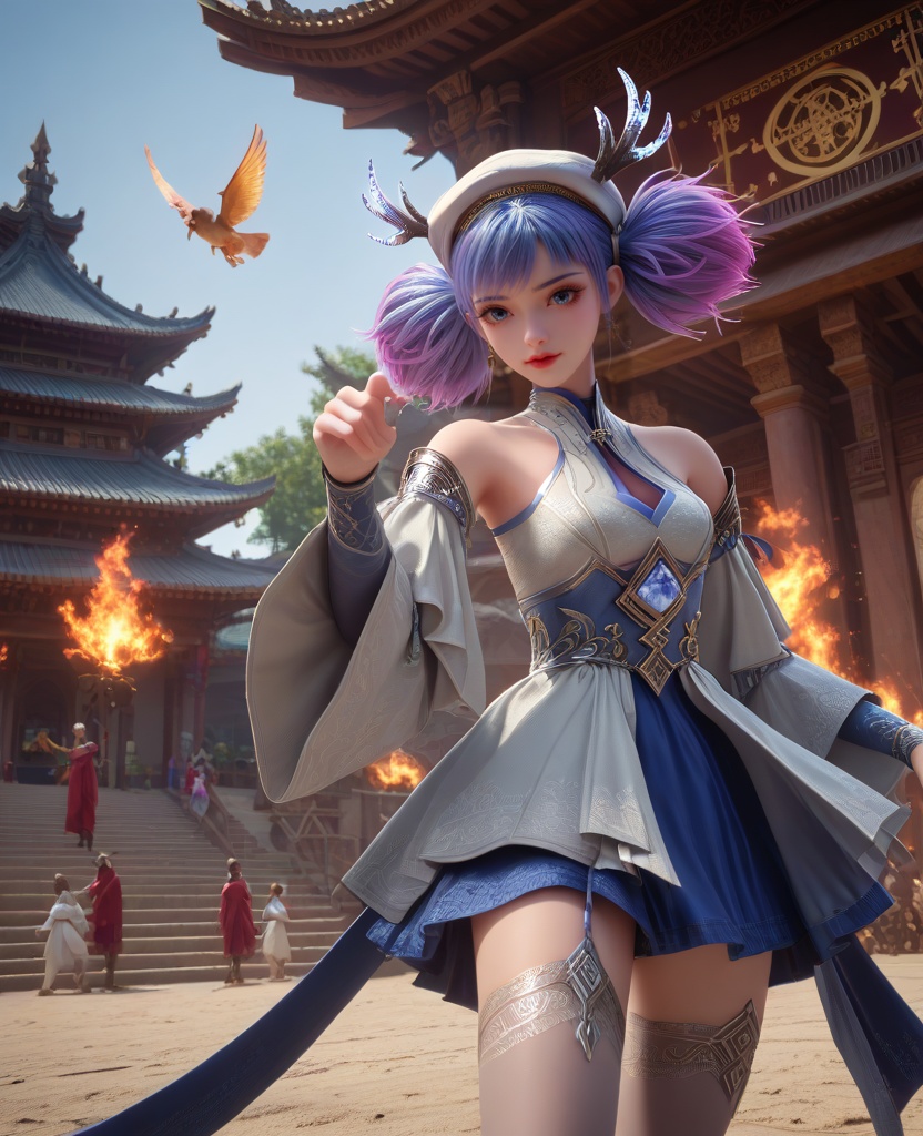 (oriental architecture, elegant decor, sophisticated style:1.1),(practicing martial arts,fire punch:1.1),(breasts:1.2),<lora:XL16克金玩家小麋鹿:0.95>,miss xiaomilu,white gothic lolita dress,blue petticoat,blue eyes,short twintails,unicorn hair,white hat,antlers,jewelry,ombre lace thighhighs,, zPDXL2, score_9, score_8_up, score_7_up BREAK realistic, masterpiece,best quality, highly detailed,, zPDXL3, zPDXL2,zPDXL, zPDXLxxx, zPDXLrl,