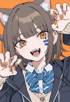 masterpiece, best quality,  <lora:sd_xl_dpo_lora_v1-128dim:1>, <lora:hakuhiruoeoeXLlokr-000077:1>1girl, solo, animal ears, bow, teeth, jacket, tail, open mouth, brown hair, orange background, bowtie, orange nails, simple background, cat ears, orange eyes, blue bow, animal ear fluff, cat tail, looking at viewer, upper body, shirt, school uniform, hood, striped bow, striped, white shirt, black jacket, blue bowtie, fingernails, long sleeves, cat girl, bangs, fangs, collared shirt, striped bowtie, short hair, tongue, hoodie, sharp teeth, facial mark, claw pose 