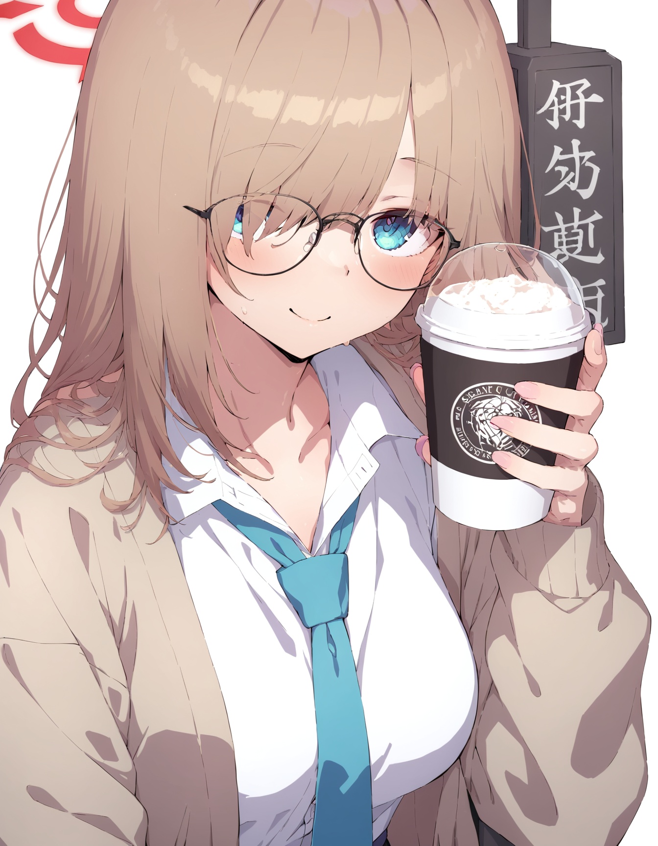 sy4style,1girl,  blue archive,  kazusa , open clothes, holding, upper body, smile, necktie, long sleeves, solo, light brown hair, holding cup, jacket, glasses, hand up, hair over one eye, brown cardigan, cardigan, halo, brown jacket, simple background, open jacket, looking at viewer, cup, white shirt, breasts, long bangs, large breasts, asymmetrical bangs, one eye covered, school uniform, long hair, shirt, disposable cup, aqua necktie, white background, masterpiece, newest, absurdres, safe <lora:sy4style (3):1>