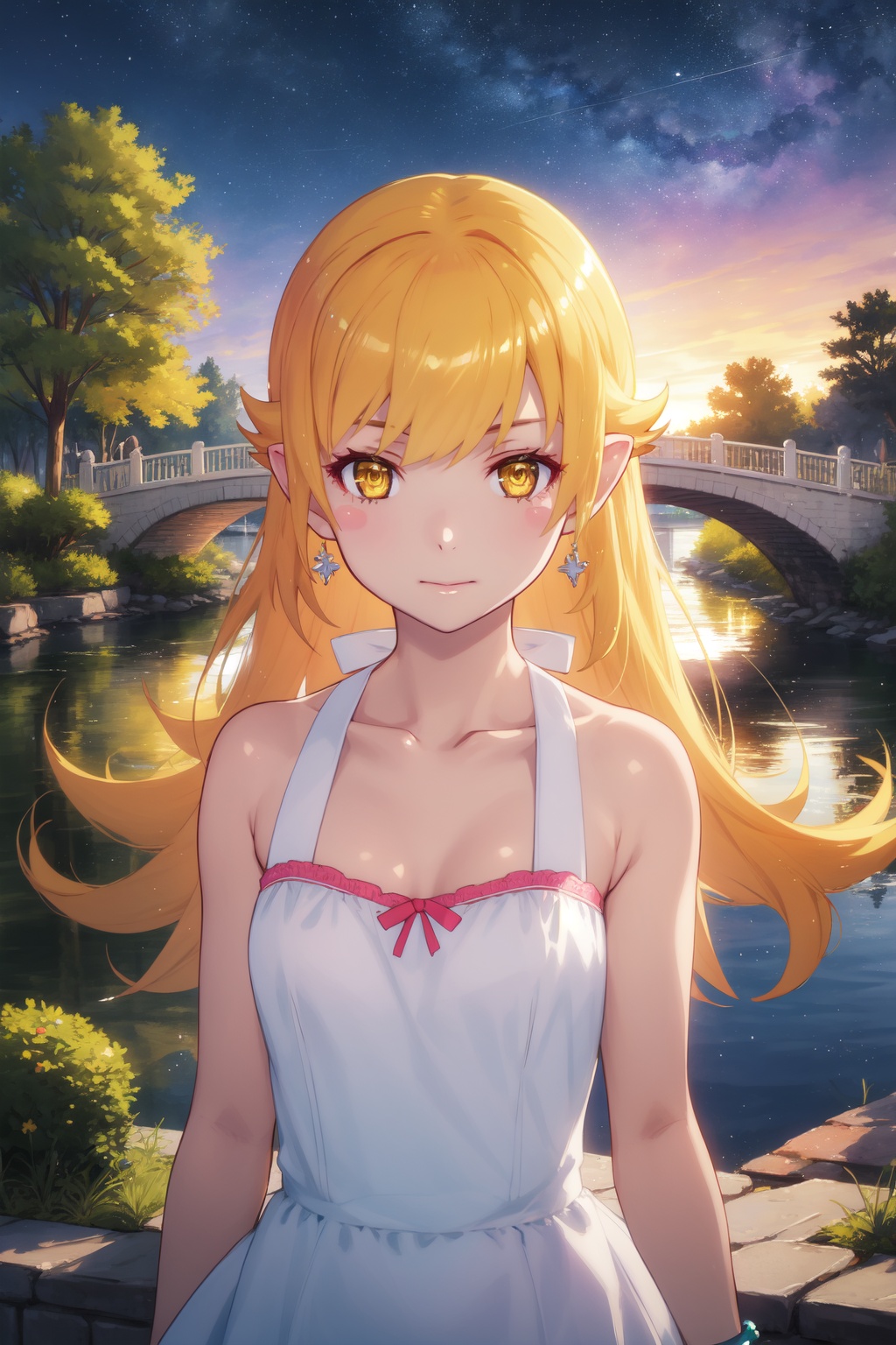 <lora:Acerola-000007:0.8>,Acerola cyql,1girl,looking at viewer,solo,blonde hair,long hair,yellow eyes,blush stickers,dress,bare shoulders,pointy ears,collarbone,bracelet,white dress,jewelry,Angry, tightened jaw, squinted eyes, and raised eyebrows.,upper_body,beautiful face,beautiful eyes,glossy skin,shiny skin,Pond, Garden, Koi fish, Bridge, Reflection, Serenity, Zen, Stones,(Heritage roses, Topiary, Wrought iron benches, Gazebo, Classic elegance, Formal garden:0.6),beautiful detailed sky,beautiful detailed glow,posing in front of a colorful and dynamic background,masterpiece,best quality,beautiful and aesthetic,contrapposto,female focus,wallpaper,fashion,