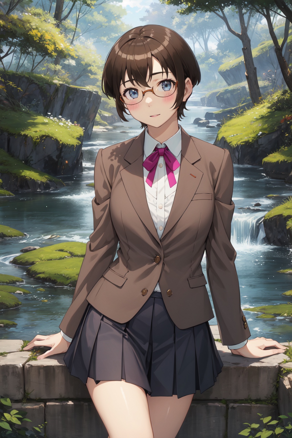 <lora:Manami-000015:0.8>,Manami cyql,1girl,looking at viewer,solo,short hair,brown hair,blue eyes,blush,glasses,semi-rimless eyewear,school uniform,blazer,skirt,socks,drunk,bust,beautiful face,beautiful eyes,glossy skin,shiny skin,Waterfall, Jungle, Hidden, Serenity, Mist, Trees, Rocks, Discovery,(Alpine flowers, Fall foliage, Mountain peaks, Autumnal hues, Alpine landscape, Mountain tranquility:0.5),beautiful detailed sky,beautiful detailed glow,posing in front of a colorful and dynamic background,masterpiece,best quality,beautiful and aesthetic,contrapposto,female focus,wallpaper,fashion,