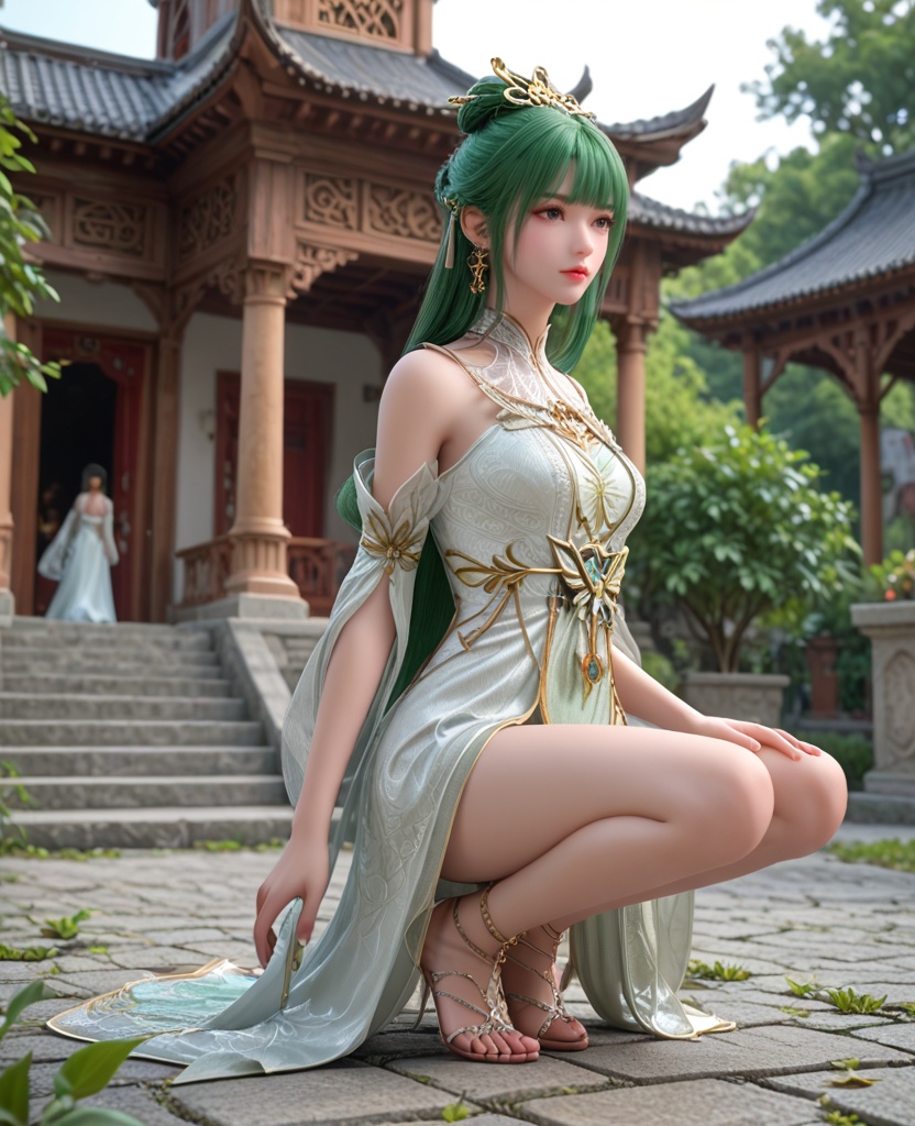(oriental architecture, elegant decor, sophisticated style:1.1),Crouching low with hands on the ground, ready for action or play,,(breasts:1.2),<lora:XL完美世界天人族姐妹花P2:0.9>,younger sister,white dress,bare shoulders,green hair,hair ornament,anklet,bangs,hair bun,, zPDXL2, score_9, score_8_up, score_7_up BREAK realistic, masterpiece,best quality, highly detailed,, zPDXL3, zPDXL2,zPDXL, zPDXLxxx, zPDXLrl,