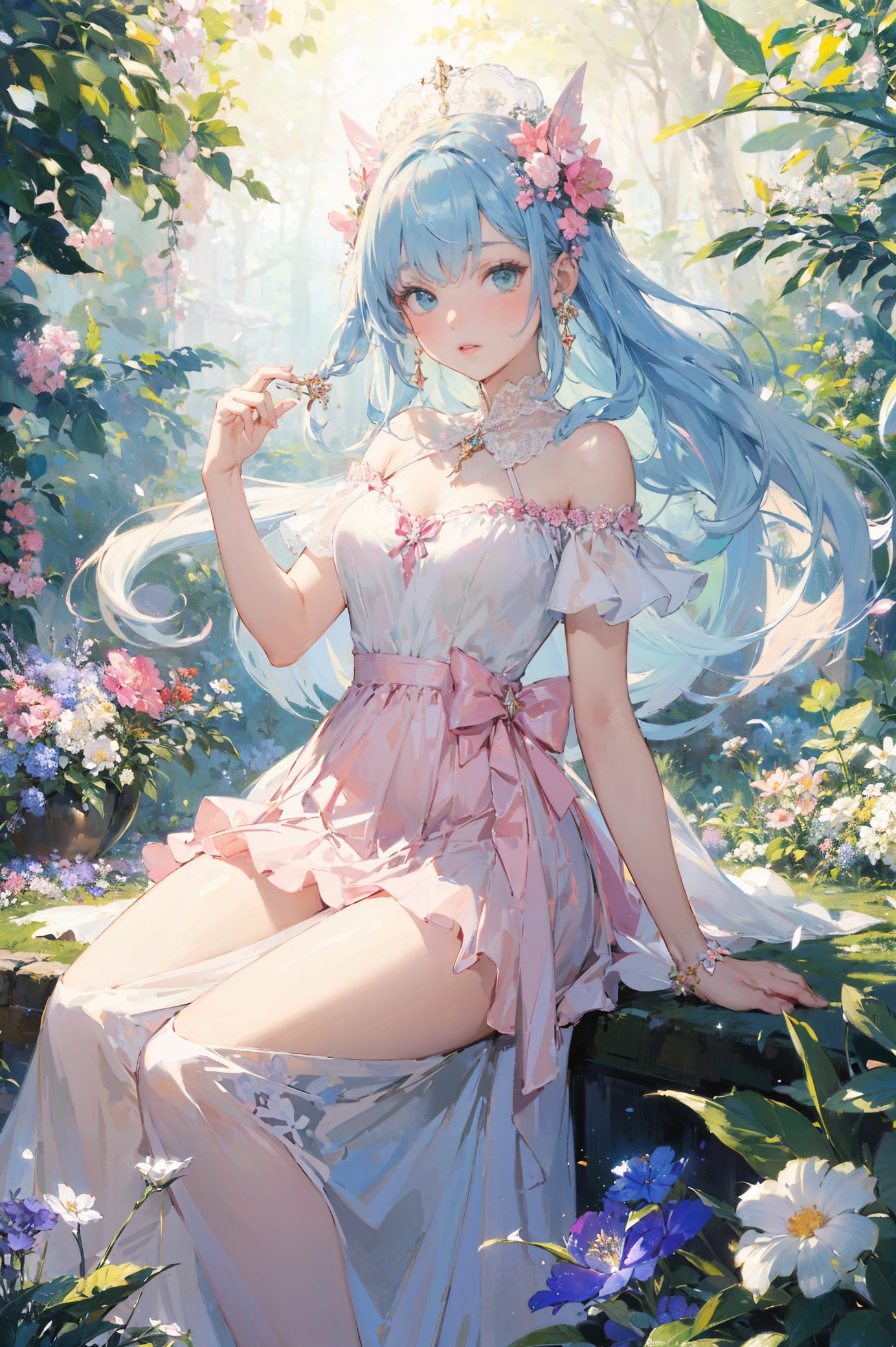 (masterpiece, top quality, best quality, official art, beautiful and aesthetic:1.2),fairy,sparkling,falling particles,european-style long dress,lace-trim skirt,bow,light blue long hair,european-style curly hair,there are flowers on the head,shiny,pink white tone,green jungle background,good hope,garden,