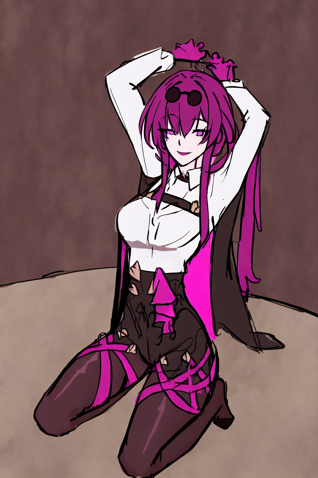 masterpiece, best quality,<lora:jpd:1>,sketch,<lora:kafka:1>,kafka (honkai: star rail),1girl,solo,eyewear on head,purple hair,long hair, purple eyes,purple gloves,black jacket,white shirt, collared shirt,long sleeves,black shorts,purple pantyhose, thigh boots, black footwear,smile, looking at viewer, seiza, arms behind head, eyewear on head, bed, full body,