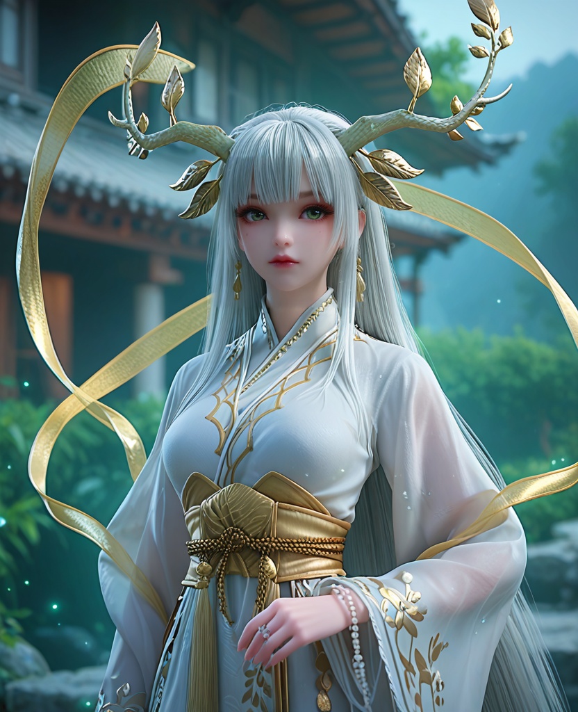 (oriental architecture, elegant decor, sophisticated style:1.1),camping,(breasts:1.2),<lora:XL完美世界虚天神藤:0.9>,miss xutianshenteng,solo,white kimono,green eyes,leafy branches hair ornament,bangs,white hair,long hair,red lips,sash,obi,see-through wide sleeves,clothing patterns,light particles,hagoromo,beads bracelet,tassel,outer skirt,, zPDXL2, score_9, score_8_up, score_7_up BREAK realistic, masterpiece,best quality, highly detailed,, zPDXL3, zPDXL2,zPDXL, zPDXLxxx, zPDXLrl,