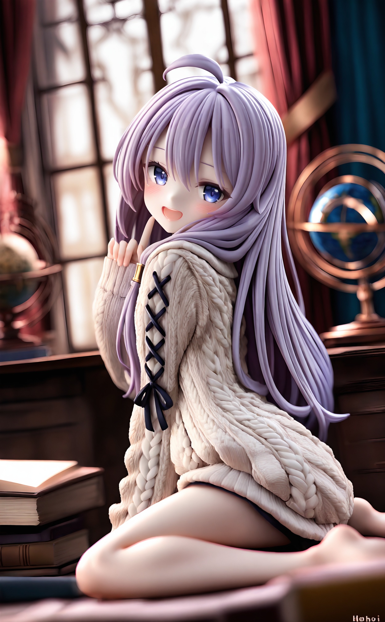 masterpiece,highres,absurdres,newest,best quality,high quality,loli,petite,chromatic_aberration,//,1girl,elaina_\(majo_no_tabitabi\),long_hair,solo,ahoge,blurry,barefoot,sweater,blue_eyes,sitting,looking_at_viewer,wariza,book,blurry_background,open_mouth,smile,indoors,aran_sweater,depth_of_field,globe,cable_knit,long_sleeves,hair_between_eyes,window,book_stack,sleeves_past_wrists,electric_fan,curtains,index_finger_raised,feet,blush,unicorn_\(azur_lane\),:d,soles,grey_hair,artist_name,purple_hair,bare_legs,white_sweater,toes,hand_up,very_long_hair,dress,looking_back,desk,from_side,//,//,<lora:pvc666——【noob】hans:1>,