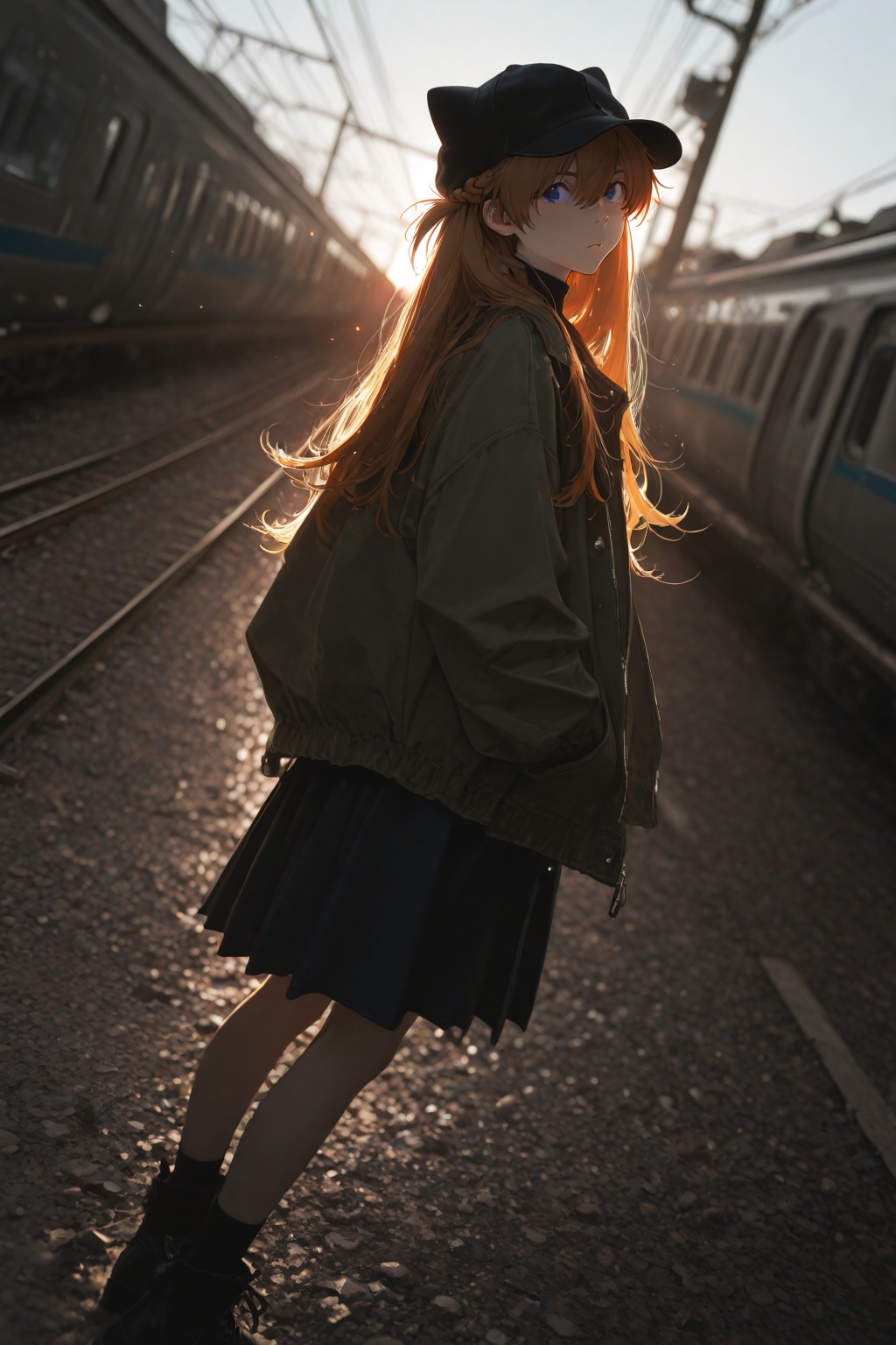 yoneyama mai:0.365, souryuu asuka langley, masterpiece,best quality,amazing quality,very aesthetic,absurdres,newest,extreme aesthetic,in the style of fashion photography,light particles,cinematic lighting,Visual impact,sharp focus,Emotionalization,depth of field,dutch angle,scenery, 1girl, solo, looking at viewer, skirt, hat, jacket, braid, outdoors, ground vehicle, motor vehicle, train
