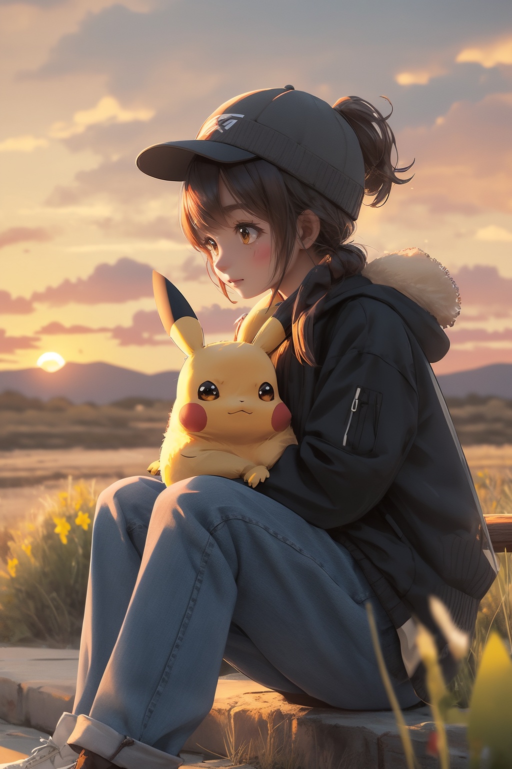 1girl,Pikachu ,sunset,8k，outdoor,<lora:Pikachu:0.6>