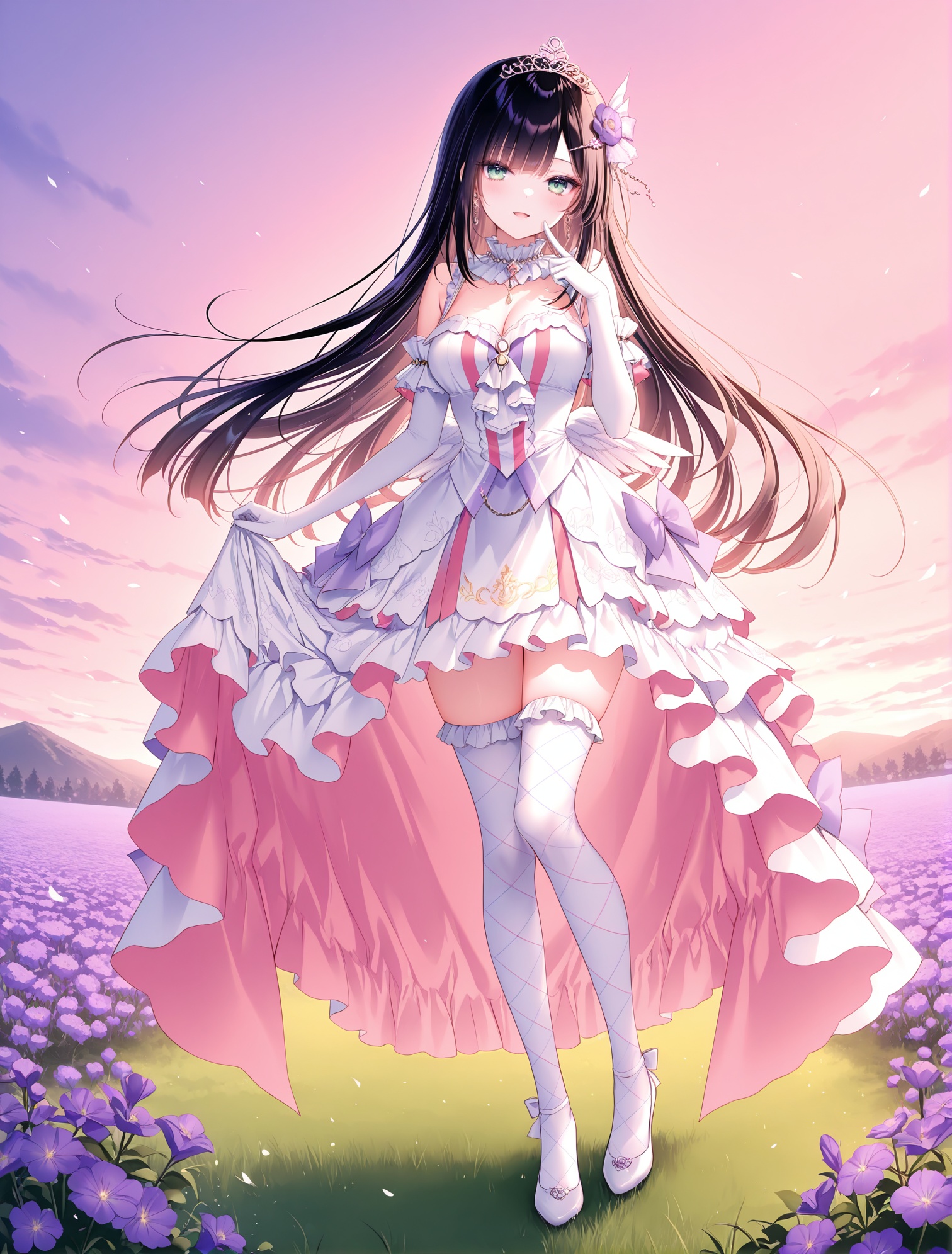 masterpiece, best quality, newest, absurdres, highres,(toosaka asagi: 0.5),(hiten \(hitenkei\):0.4),(rimuu:0.5),(mignon:0.5),(sheya:0.6),light smile,open mouth, ensemble style, sumire(ensemble),1girl,green eyes,black hair,long hair,purple flower hairpin,bangs,aquaidol, white thighhighs, frilled dress, two-tone dress, print thighhighs, frilled thighhighs,elbow gloves,tiara,finger to face, outdoors,,Flower field,full body,standing,shoes,<lora:sumireXLNAI:1>,<lora:aquaidolXLNAI:1>