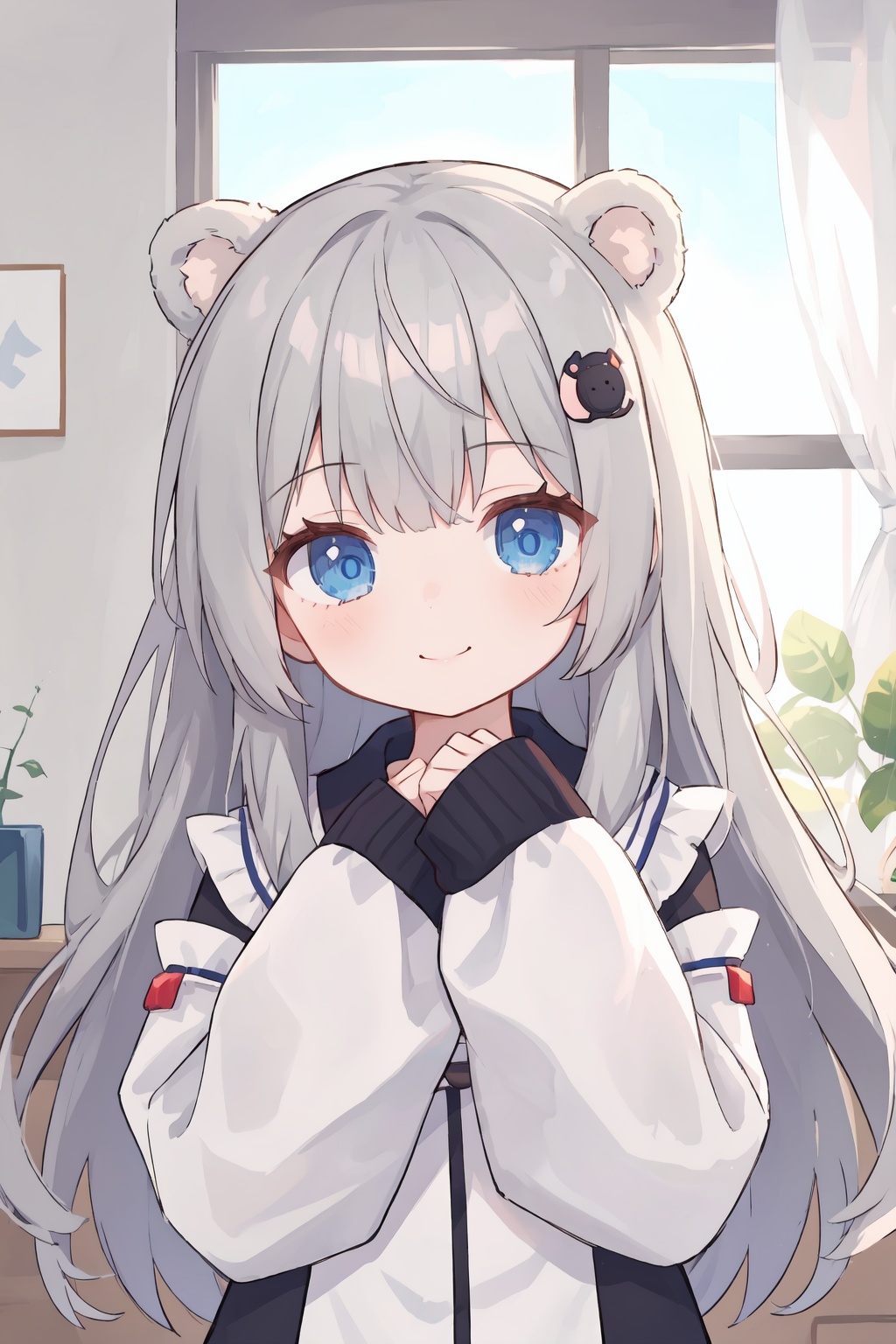 1girl,solo,long hair,grey hair,looking at viewer,blush,sleeves past wrists,hair ornament,sleeves past fingers,virtual youtuber,blue eyes,bangs,closed mouth,smile,long sleeves,window,upper body,bear hair ornament,lu-style,