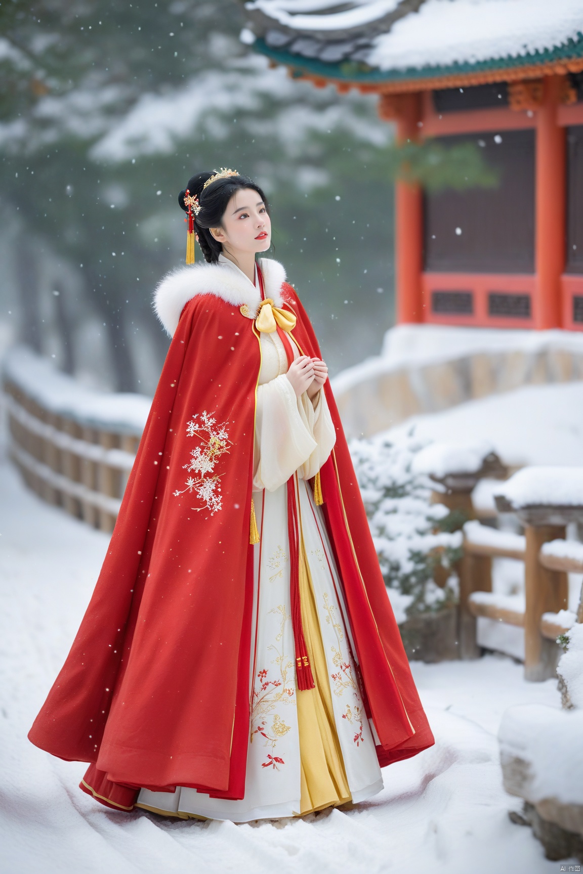 1girl, black hair, Beautiful face,  Red cape, full body, Heavy snowfall,  wearing Hanfu,  on a secluded path,  posing in various poses to take photos, outdoors, snow, snowing, solo, winter, Master lens,  golden ratio composition,  (Canon 200mm f2.8L) shooting,  large aperture,  background blur.,<lora:EMS-265911-EMS:0.500000>