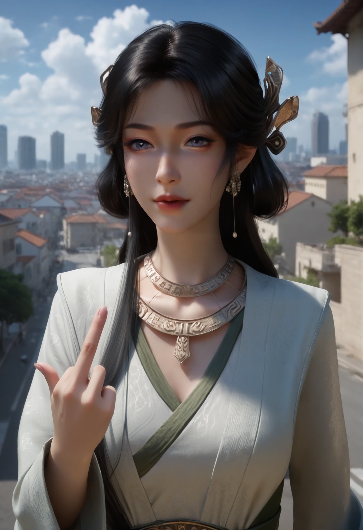 (score_9),<lora:梅凝1-Apony:0.85>,mn,(mature_female:1.1),solo,hair ornament,long hair,black hair,jewelry,earrings,necklace,long long sleeves,robe,<lora:perfect eyes_v1:0.8>,front view,bright pupils,<lora:Expressive_H-000001:0.8>,(middle_finger:1.1),outstretched_arm,upper body, (glamor:1.2),collarbone,pointy breasts,puffy breasts,large breasts,narrow waist,curvy,outdoors,street,blue sky,blur background,building,city,cloud,cloudy sky,day,depth of field,(white_skin:1.1),(fair_skin:1.1),