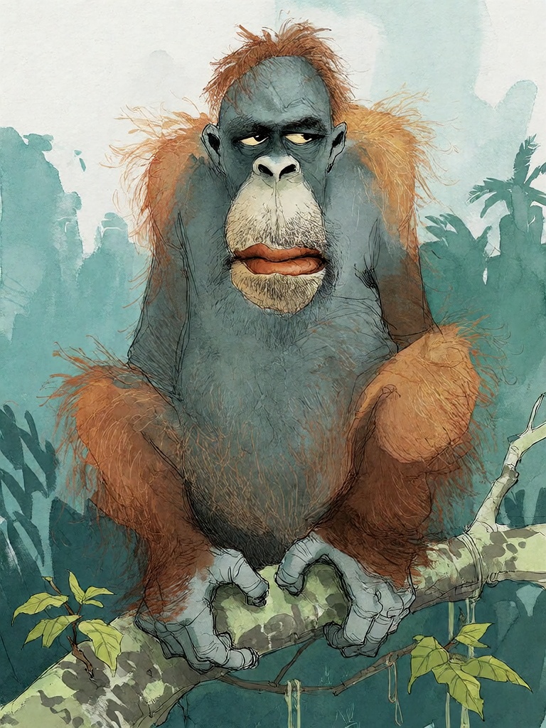 Bradhamel art style.**** A watercolor illustration of a large,  grumpy orangutan with shaggy orange fur and a gray face,...