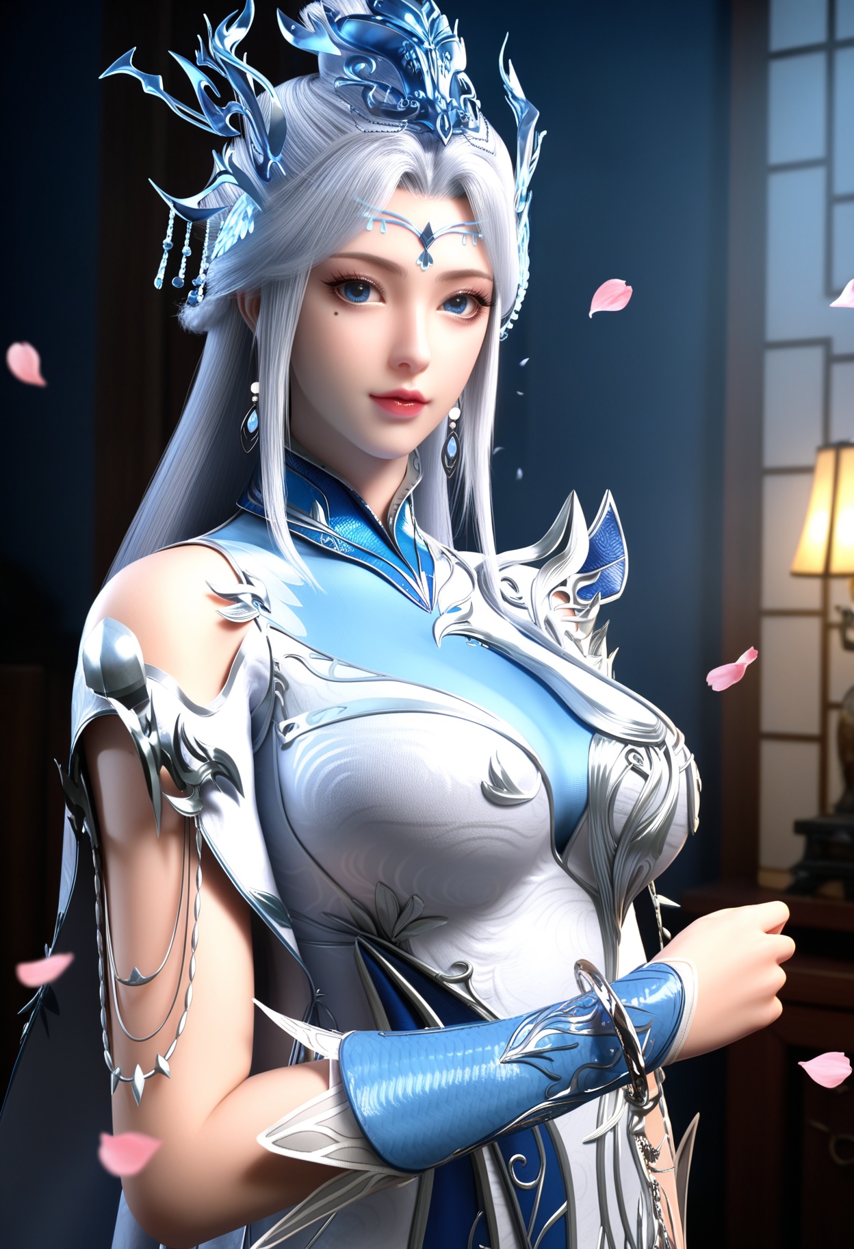 masterpiece,best quality,amazing quality,high resolution,ultra-detailed,absurdres,(looking at viewer:1.1),upper body,(Dark room:1.3),(moody lighting:1.1),peach blossom,falling petals BREAK large breasts,ningyudie,1girl,solo,long hair,hair ornament,jewelry,dress,chinese clothes,blue eyes,white hair,earrings,hair bun,mole under eye,makeup,bracelet BREAK photorealistic details,<lora:QQSillningyudieV1:0.8>,