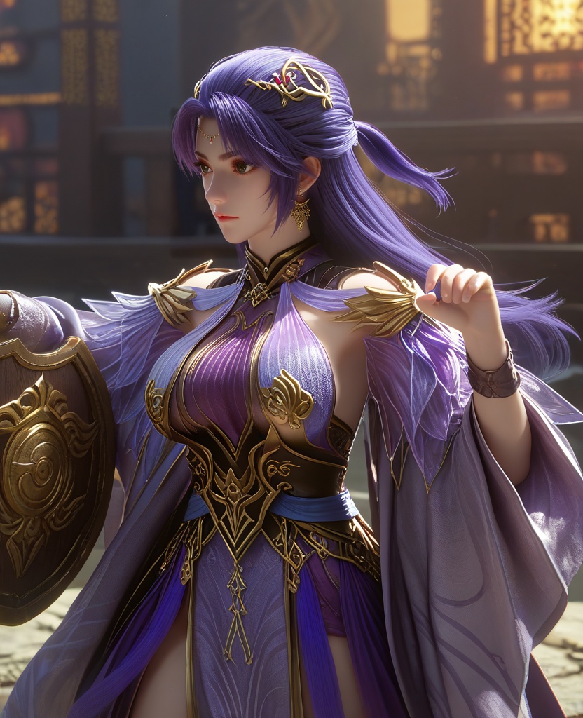 (Shield Pose, Holding a symbolic shield in front, at the ready,:1.1),(large breasts:1.2),<lora:XL16云深不知梦叶青梧:0.95>,miss yeqingwu,violet panel dress,purple hair,half-up ponytail style,long hair,hair ornament,earrings,jewelry,wide sleeves,sash,, score_9,score_8_up,score_7_up,score_6_up,score_5_up,score_4_up,3d rendering,tag1,tag2, Cinematic Lighting,backlighting,