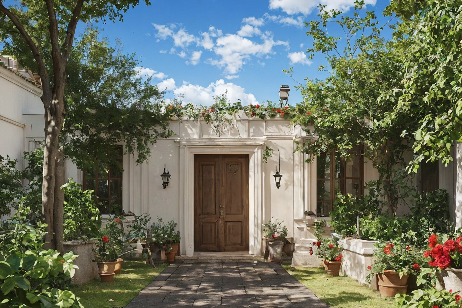 Villa,lots of blooming roses,outdoor,sky,sky,clouds,trees,blue sky,no people,leaves,chairs,grass,plants,red flowers,architecture,landscape,doors,potted plants,shrubs,house,garden,HD,16k,garden design,