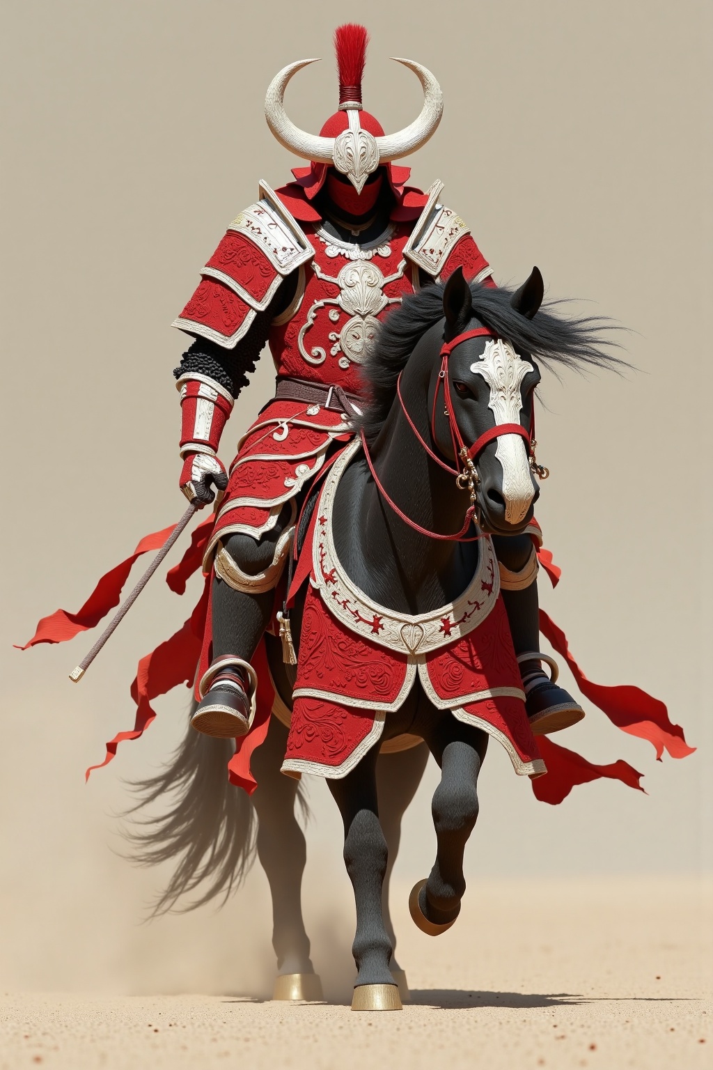 beijihui,Captured from a low-angle perspective on a medium-sized black horse, adorned with a red harness and a red and white helmet. The horse's mane is flowing in the wind, adding a pop of color to the scene. The man's helmet is adorned with two large white horns on either side of his head. The armor is adorned in a vibrant red pattern, with a white emblem in the center of his chest. The backdrop is a light beige, creating a stark contrast to the horse and rider.