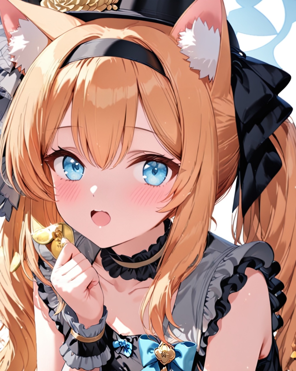 O,Five fingers,mari (blue archive),1girl, animal ears, solo, hat, blush, long hair, blue eyes, white background, hairband, simple background, halo, looking at viewer, animal ear fluff, hair between eyes, dress, hat flower, bow, black hairband, bangs, blonde hair, frills, sleeveless, top hat, black dress, wrist cuffs, open mouth, black headwear, collarbone, cat ears, flower, twintails,(UHD),anatomically correct,accurate,textured skin,super detail,high details,award winning,best quality,high quality,retina,HD,16k,1080P,