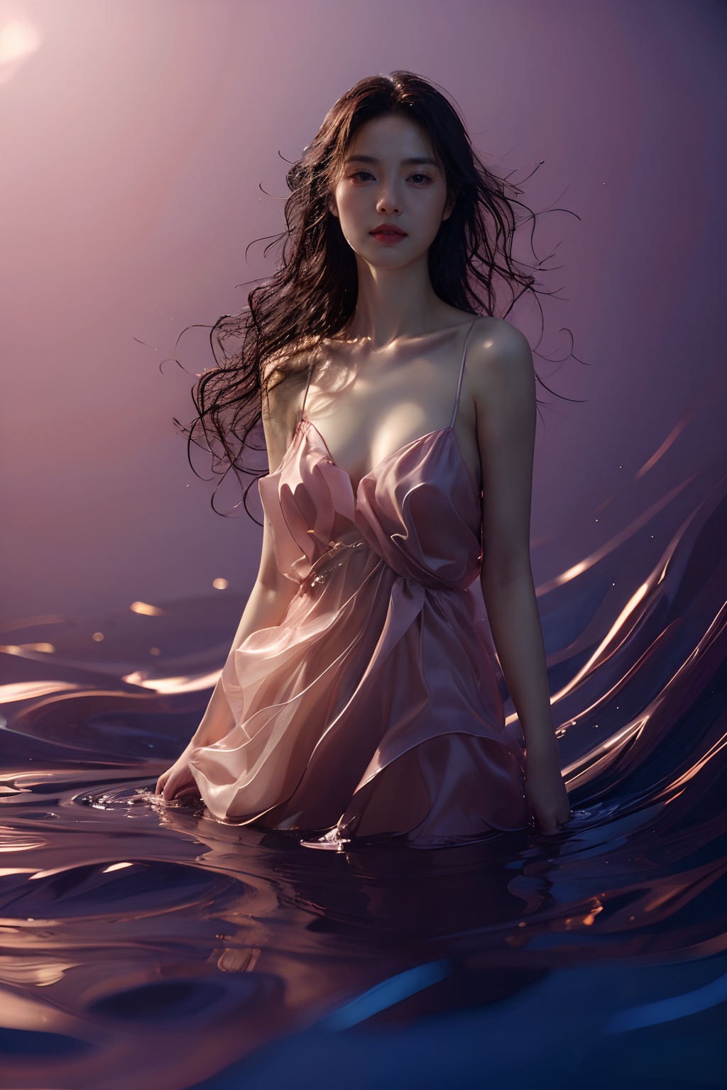 sd mai, piao, 1girl, solo, breasts, realistic, long hair, water, looking at viewer, brown hair, wading, medium breasts, parted lips, lips, collarbone, dress, cleavage<lora:piao:0.8>