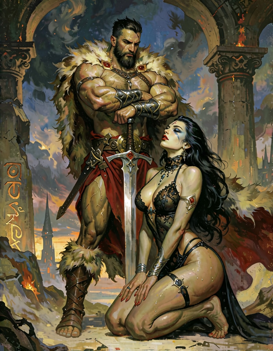 In a realm bathed in the fiery glow of an ancient citadel’s crumbling arches and the golden haze of twilight clouds swirli...