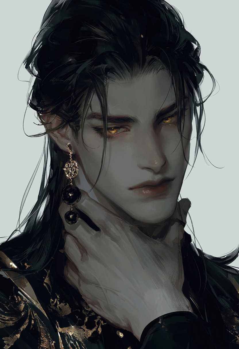 1boy,  sharp golden eyes,  black hair tied loosely on Tensor.Art