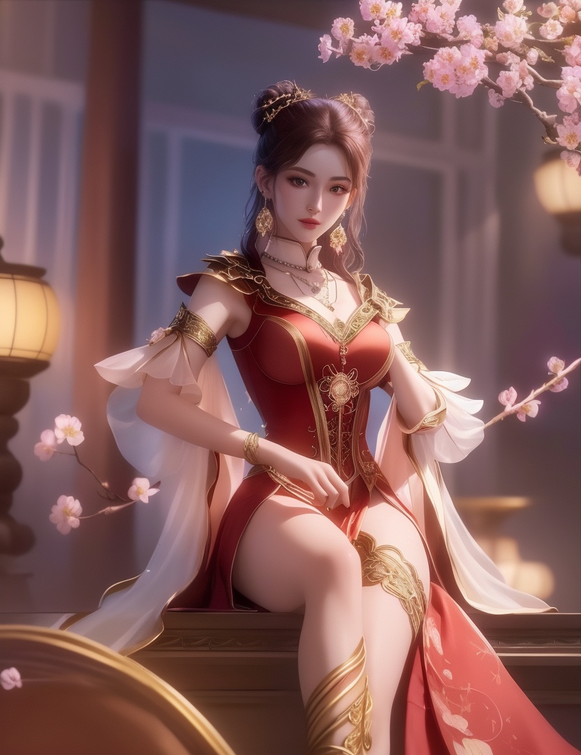 ultra realistic 8k cg, picture-perfect face, flawless, clean, masterpiece, professional artwork, famous artwork, cinematic lighting, cinematic bloom, perfect face, beautiful face, fantasy, dreamlike, unreal, science fiction,  beautiful clothes, lace, lace trim, lace-trimmed legwear,  (rich:1.4), prestige, luxury, jewelry, diamond, gold, pearl, gem, sapphire, ruby, emerald, intricate detail, delicate pattern, charming, alluring, seductive, erotic, enchanting, hair ornament, necklace, earrings, bracelet, armlet,halo((,1girl, pov,))(((,peach blossom, branch, 1girl, tree, spring_\(season\), solo, petals, black_hair, japanese_clothes,looking at viewer, )))    <lora:DA_MaXiaoTao:0.6>