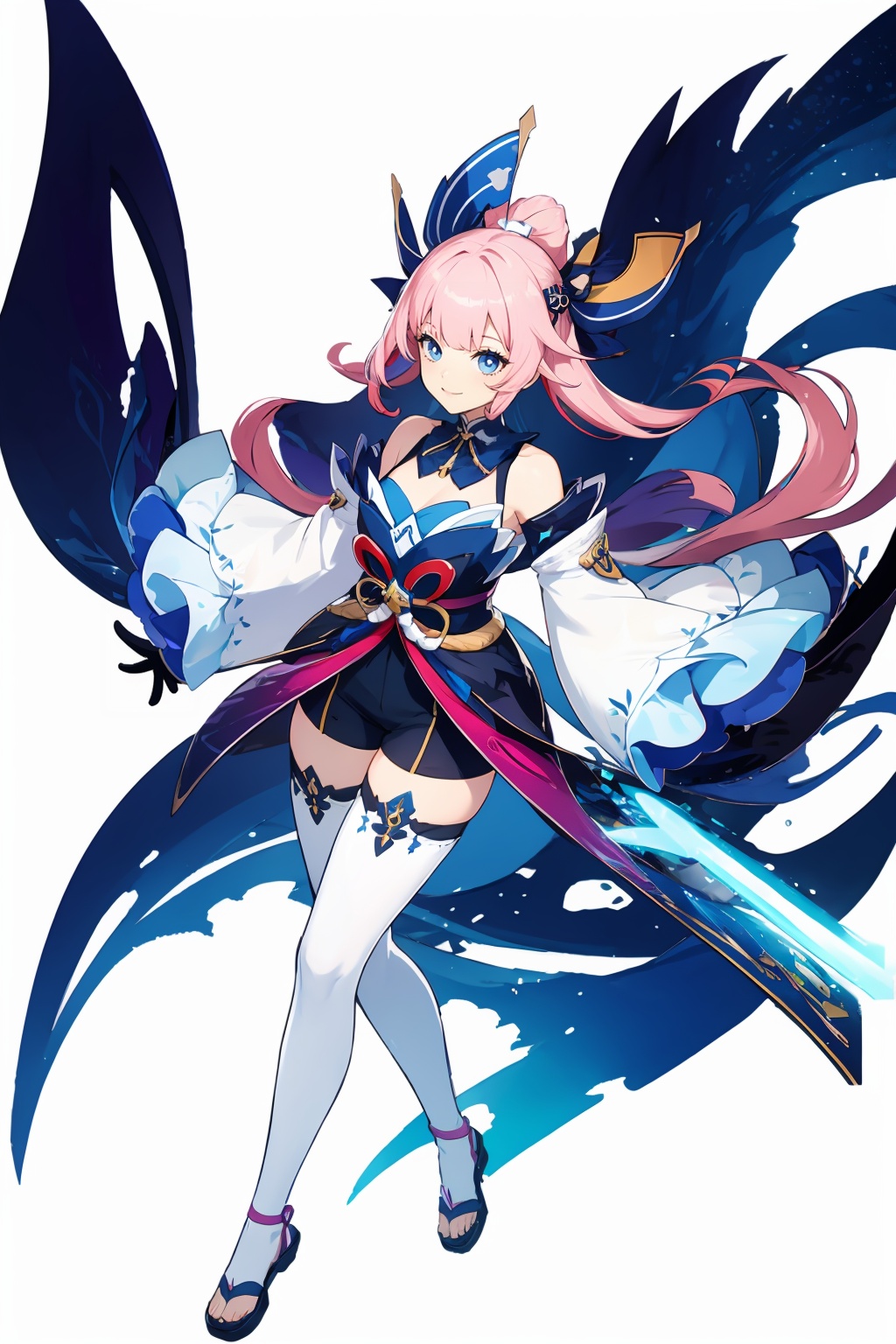 (masterpiece, best quality,top quality),[(white background:1.2)::5],(wide shot:0.95),Dynamic angle,(full body),<lora:GI_CVP-v15:1>,gicvp,girl's body type,1girl,inazuma,hydro,solo,bow-shaped hair,thighhighs,gloves,pink hair,long hair,vision,wide sleeves,bangs,white gloves,purple eyes,multicolored hair,blunt bangs,bow,smile,frilled sleeves,shorts,half gloves,frills,bare shoulders,hair ornament,looking at viewer,white thighhighs,sandals,long sleeves,detached sleeves,gradient hair,blue eyes,blue hair,bowtie,short shorts,sidelocks,depth_of_field,particle effects,