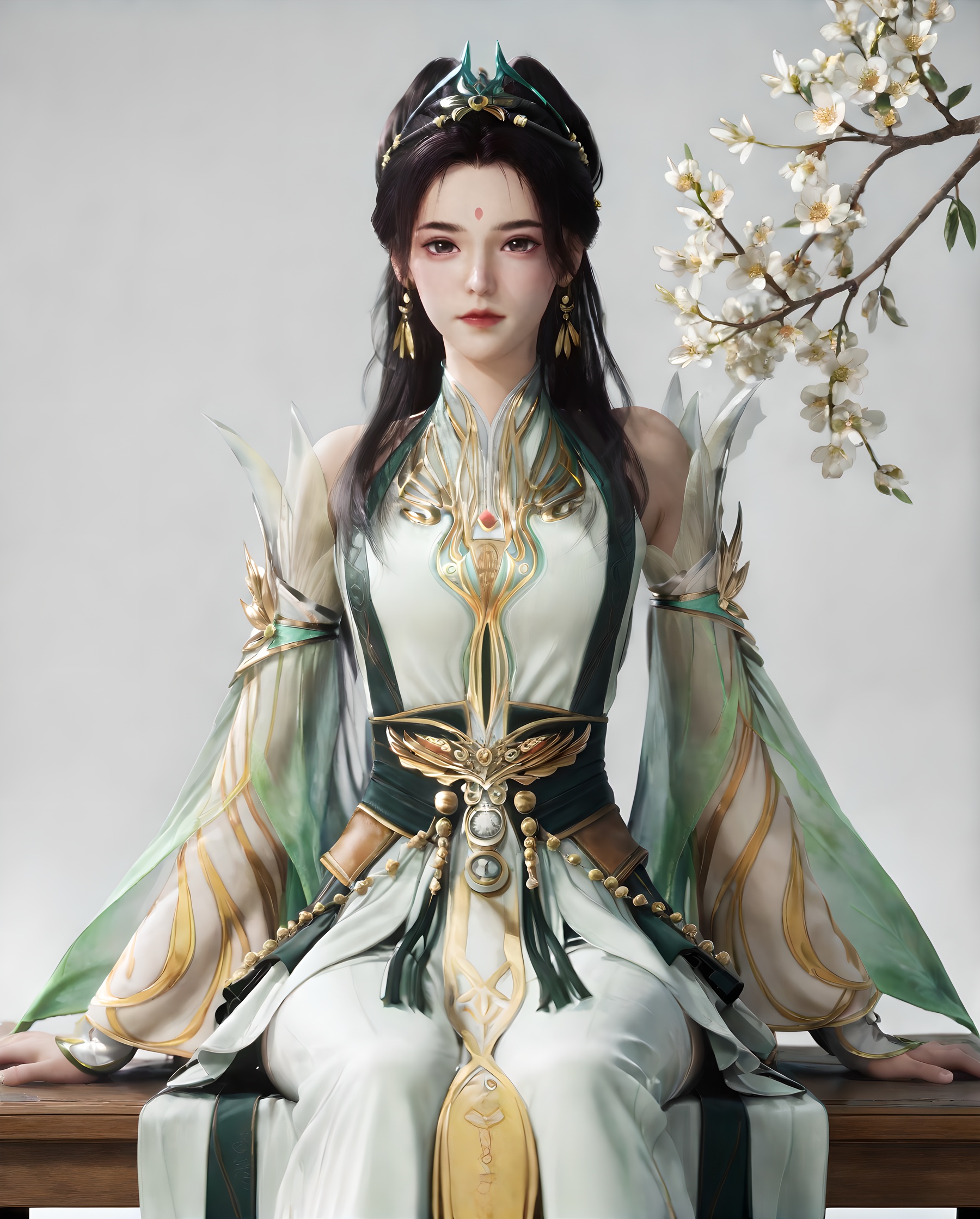 <lora:SF_LongJi_Pony_Realism-000004:0.7>,1girl,solo,flower,forehead mark,dress,earrings,detached sleeves,facial mark,hair ornament,jewelry,sitting,looking at viewer,branch,black hair,long hair,hair bun,green dress,white background, 