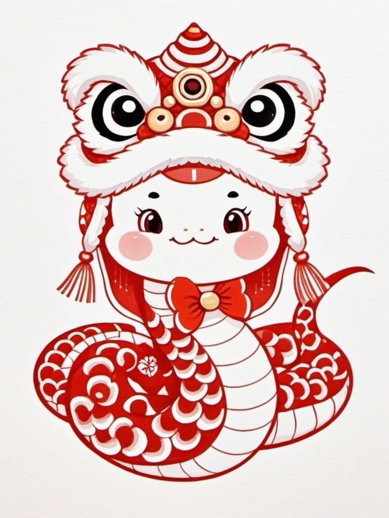 jianzhishe, paper cutting,This vibrant digital Chinese New Year card features a cute snake with a wide grin and dressed in red and white. The eyes are huge and expressive, and it wears a stylish headdress and gorgeous bows. The whole thing was done in the traditional red and white style.,<lora:jianzhishe_v1:0.8>