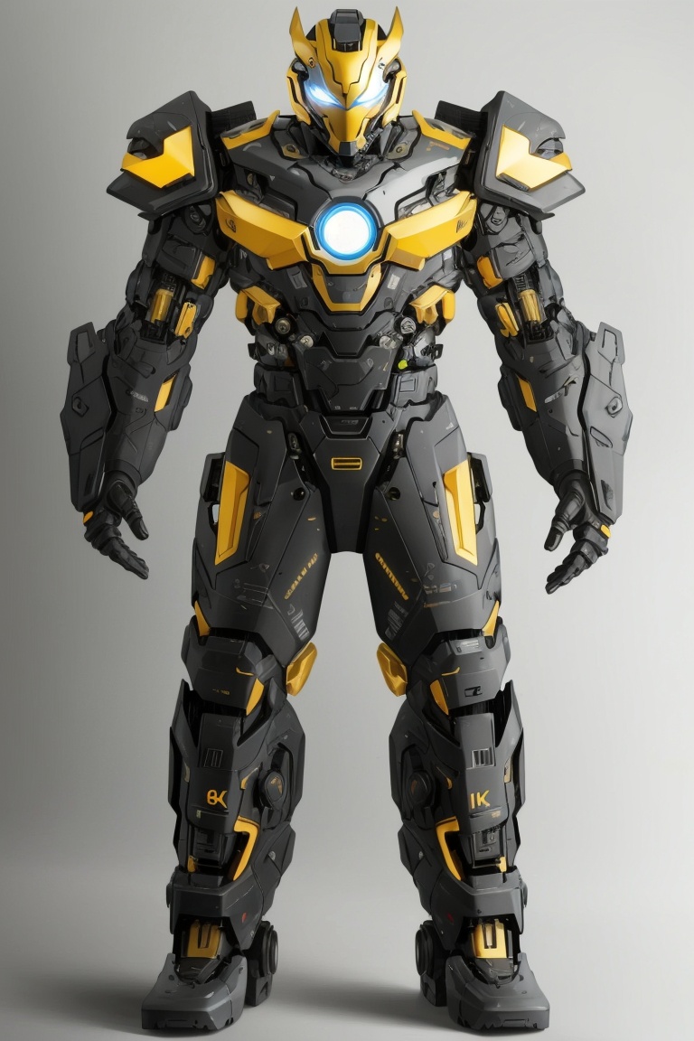 ((HRD, HUD, 8K)),((masterpiece, best quality)), highly detailed, soft light,Mecha, robot, solo, battle, science fiction, no humans, glowing, mecha, glowing eyes, humanoid robot, open hands, 1boy, grey background, full body,  <lora:20240427-1714184585124:0.8>