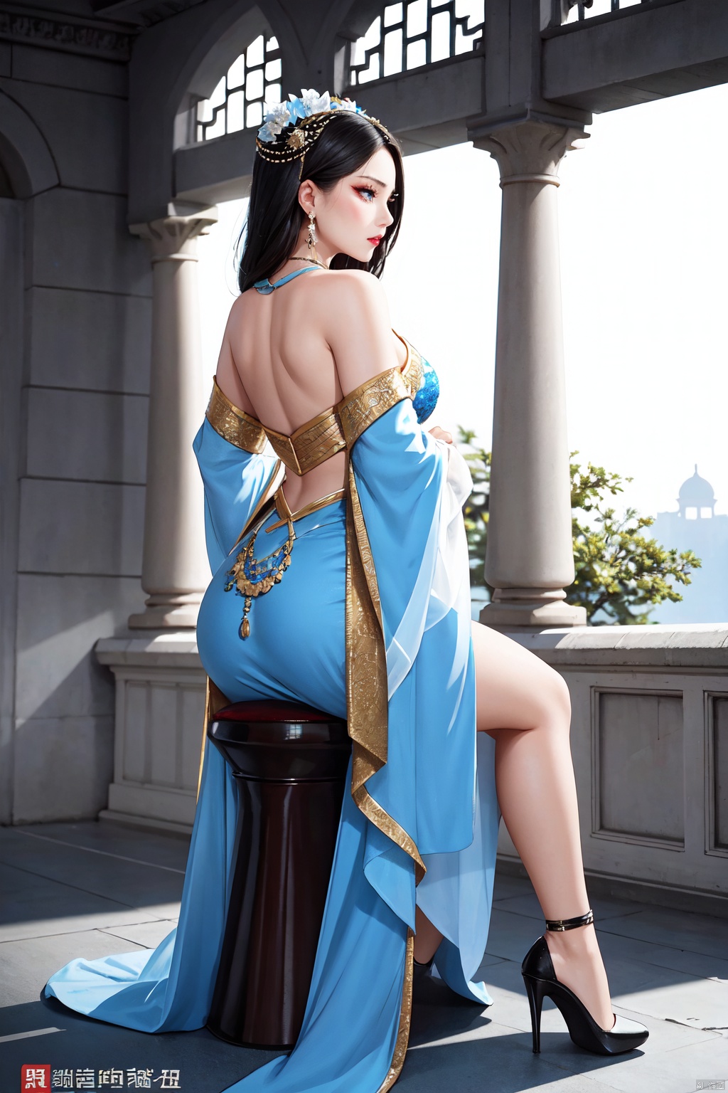 ((Sitting, Stiletto heels, from behind, from below, Indoor, lobby, (Roman columns,magnificent palace,), reliefs,)), Realistic style, cinematic work, 8K wallpaper, masterpiece, very realistic quality, best quality, masterpiece, high-level, high-resolution,,,Edge lighting, dual tone lighting, soft lighting, The illuminated surface of the material has bright spots and highlights, which flicker and have a mirror effect when reflected, There are sparkling spots on the armor,,,1 girl, mature female, solo, full body, looking at viewer, lace, strong rim light, Standard proportion of female body, golden proportion of female body,,,Standing, standing posture, Sexy full body standing posture,,,,colorful,(detailed skin: 1.3), (detailed face: 1.3),clear focus,delicate,(mature women: 1.2),(glossy skin+glossy skin: 1.4),(sweating: 1.1),(big_eyes),red_ eyeshadow,long_ Eyelashes, red lips,,,simple background, grey background,,,(Diamond hair accessories, diamond necklaces, diamond earrings, diamond earrings, clothes embedded with diamonds, armor embedded with diamonds,:1.3)1 girl, solo, blue eyes, black haired, hair ornaments, hugged, Long hair, gradient hair, hair between the eyes,medium breasts, Floral, generally, hanfu, off shoulder, nail polish, compensate, lipstick, red background, red claw, eye shadow, Floral, Hairpin, Hairpin, comb, qingsha,chinese clothes, luyijiushi2, luyijiushi1,liyijiushi3<lora:EMS-318978-EMS:0.100000>, <lora:EMS-79531-EMS:0.600000>