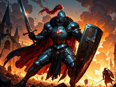 masterpiece,best quality,good quality,newest,highres,absurdres,volumetric lighting,gradient color,BREAKweapon,holding sword,shield,battle,damaged,looking at another,In the heat of a medieval battlefield,a male knight stands steadfast,his gleaming armor reflecting the harsh light of the setting sun,He holds a sturdy shield before him,using it to deflect the relentless barrage of projectiles,The shield's surface is battered and scarred,a testament to the knight's unyielding defense,He braces himself behind the shield,determined to hold his ground amidst the chaos of war,<lora:illustriousXLv01_stabilizer_v1.165c:0.3>,<lora:Adjust_details_Illustrious:-0.4>,<lora:iLLMythG0thicL1nes:0.4>,G0thicL1nes,