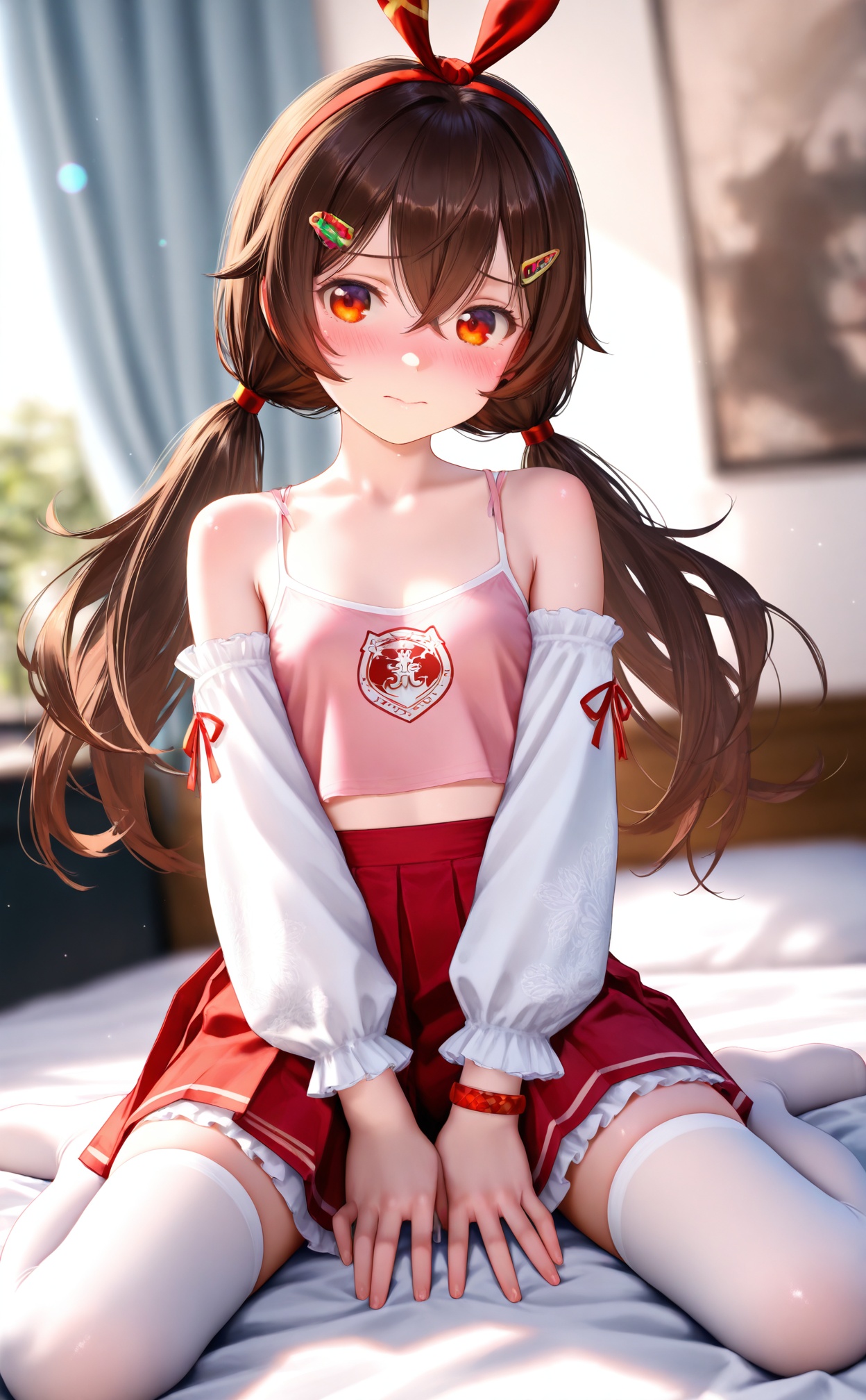 masterpiece,very aware,highres,absurdres,newest,best quality,high quality,loli,petite,chromatic_aberration,Light Blue Theme,lens_flare,//,{{loli,petite}},1girl,solo,dark brown hair,low twintails,{{long hair}},red ahoge,amber eyes,small_breasts,Clips,midriff-baring pink camisole,red pleated skirt,white petticoat,white thighhighs,red bracelet,white sleeve emblem,no shoes,sit,in bed,bedroom,shy,blush,bare shoulder,hands on leg,arms_between_legs,wariza,?!,//,//,official art,depth of field,detailed light,blurry background,best shadow,shiny skin,cinematic lighting,ray tracing,amazing quality,very aesthetic,absurdres,beast quality,ultra detailed,newest,8K,HDR,