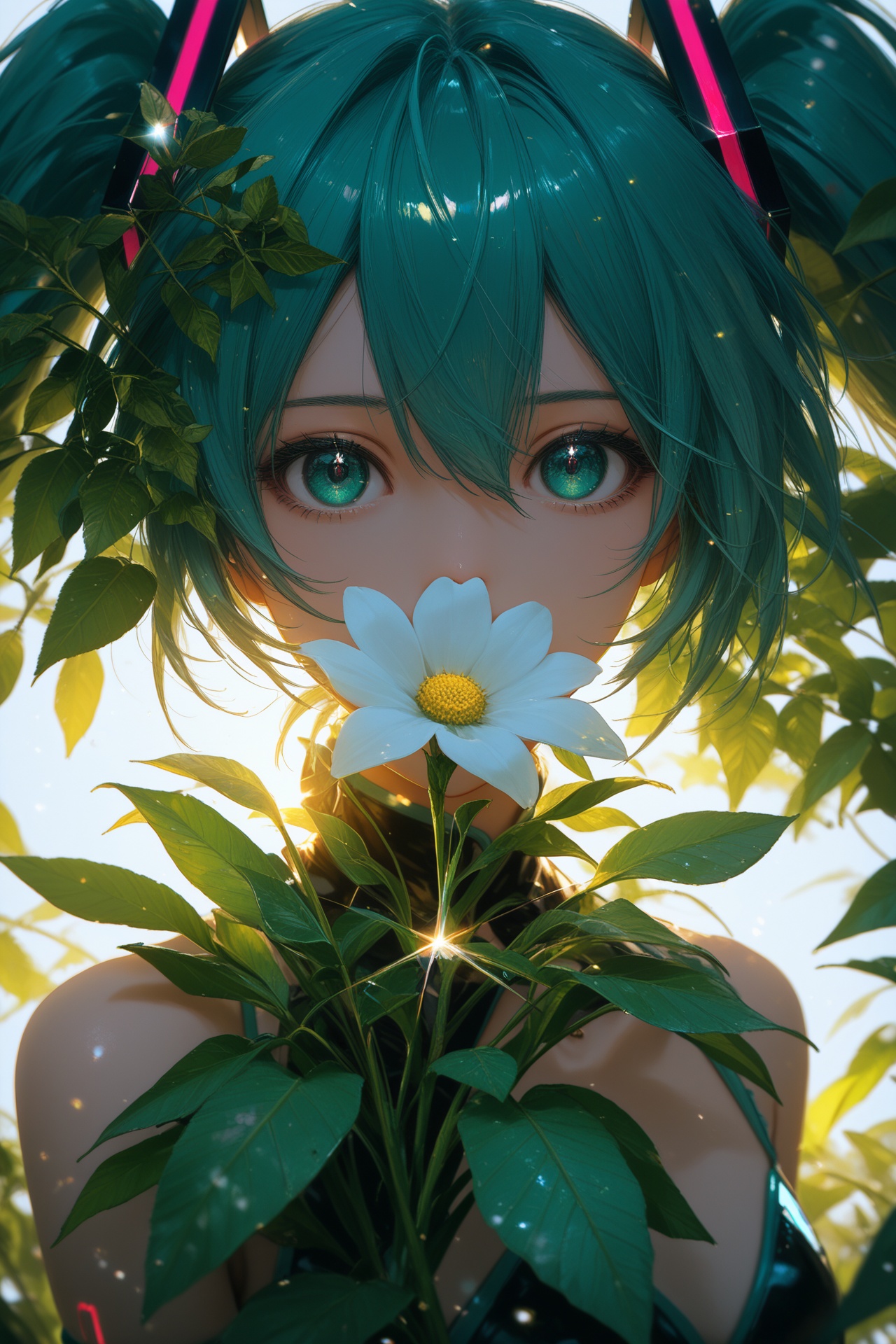 masterpiece,best quality,amazing quality,very aesthetic,absurdres,newest,highres,cinematic film still,beast_quality,masterpiece,8k,an anime girl is hiding behind a bunch of white flowers in the sun,1girl,close-up,upper body,plant,leaf,flower,covered mouth,hatsune miku,looking at viewer,bloom,glint,light,green theme,