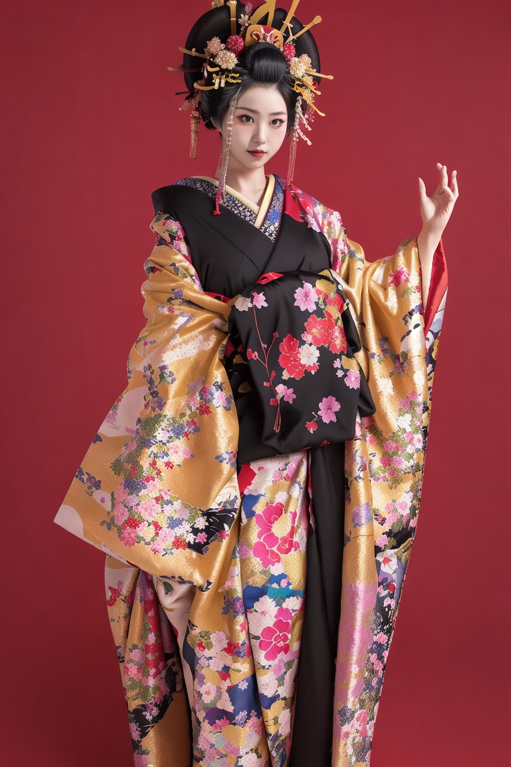 (wsoiran:1.1),1girl,oiran,headpiece,ornate,kimono,oversized clothes,facing viewer,simple background,