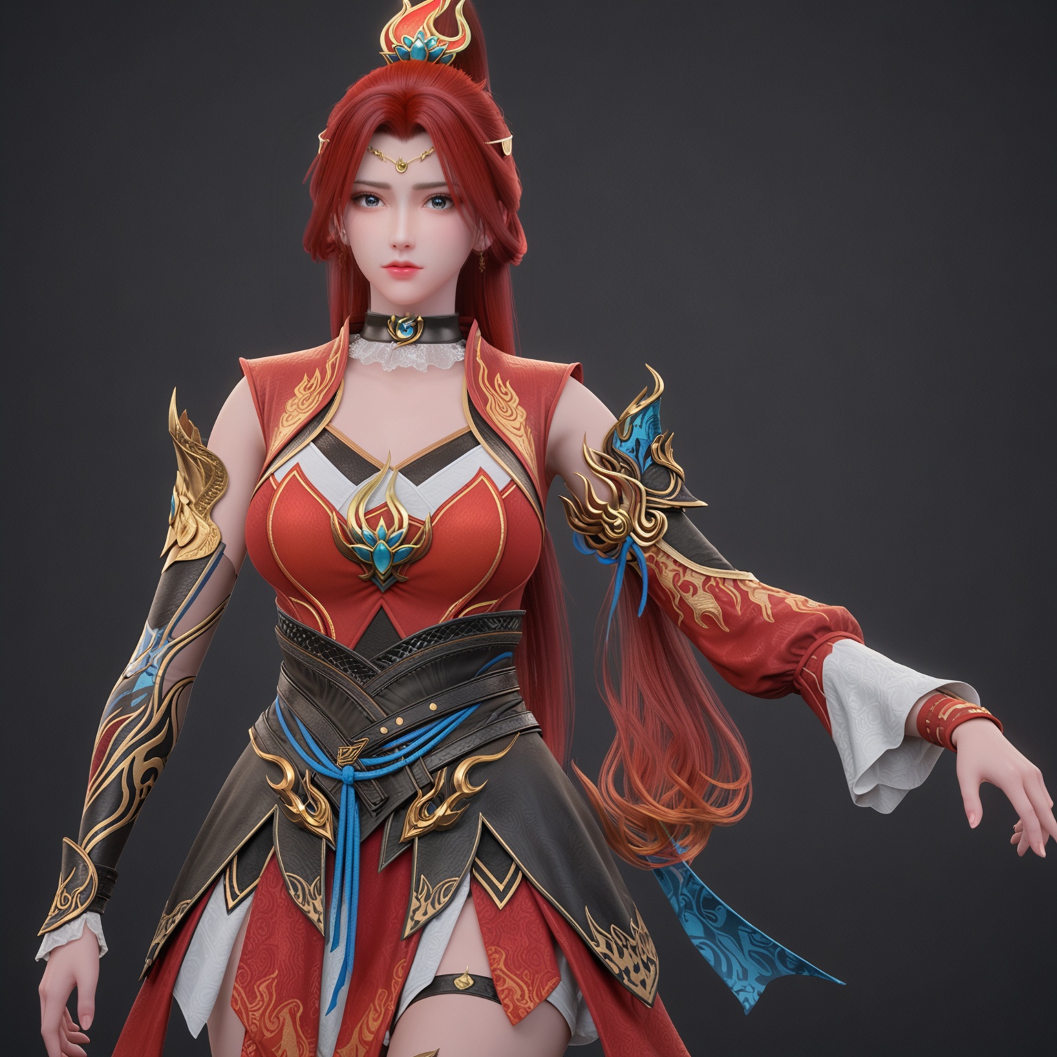 <lora:YQponytanghuoerV2:0.8>,1girl,q1528437228,solo,long_hair,red_hair,hair_ornament,red_dress,dress,choker,ponytail,chinese_clothes,sash,asymmetrical_sleeves,brown_eyes,detached_sleeves,brown_hair,jewelry,collar,boots,earrings,shiny,shiny_hair,clothing_cutout,long_sleeves,skirt,circlet,cleavage_cutout,hair_rings,thigh_strap,armor,bare_shoulders,blue_eyes,BREAK score_9,upper_body,portrait,shiny_skin,looking at viewer,cinematic lighting,volumetric lighting,solo focus,(huge breasts:0.9),(simple background,pure black background,black background:1.1),