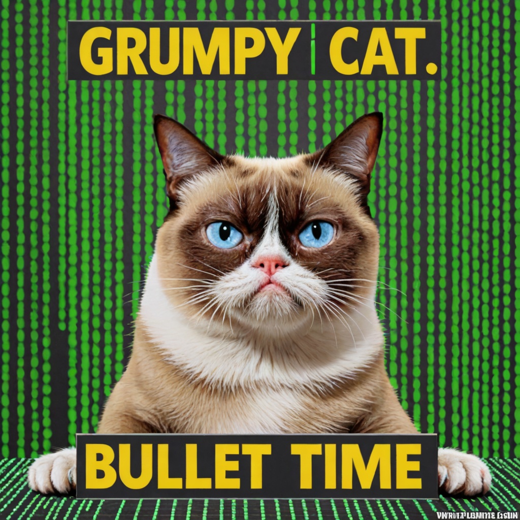 Photo of grumpy cat IN MATRIX with a sign saying "bullet time" with matrix code background on Tensor.Art