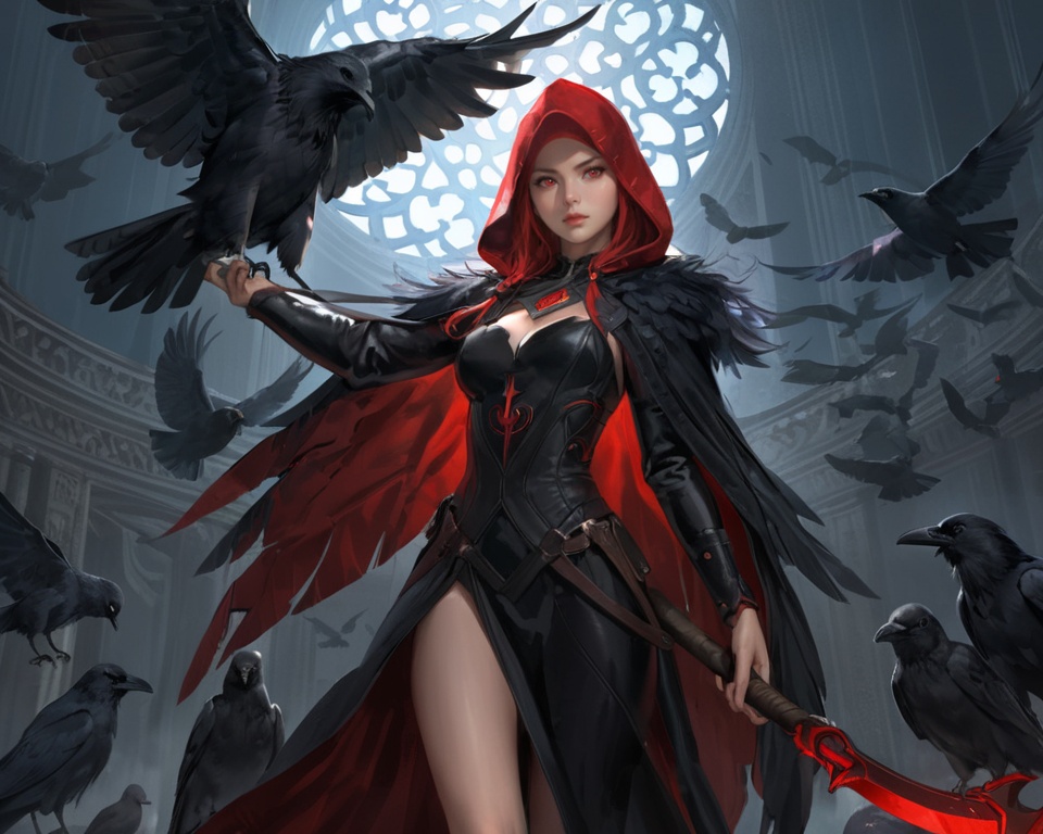 (best quality), ((masterpiece)), (highres), illustration, original, extremely detailed,   <lora:ACG ART3_XL:0.7>1girl, bird, holding, scythe, solo, crow, letterboxed, hood, long hair, red eyes, hood up, weapon, standing, dress, glowing, virtual youtuber, black dress, holding scythe, artist name