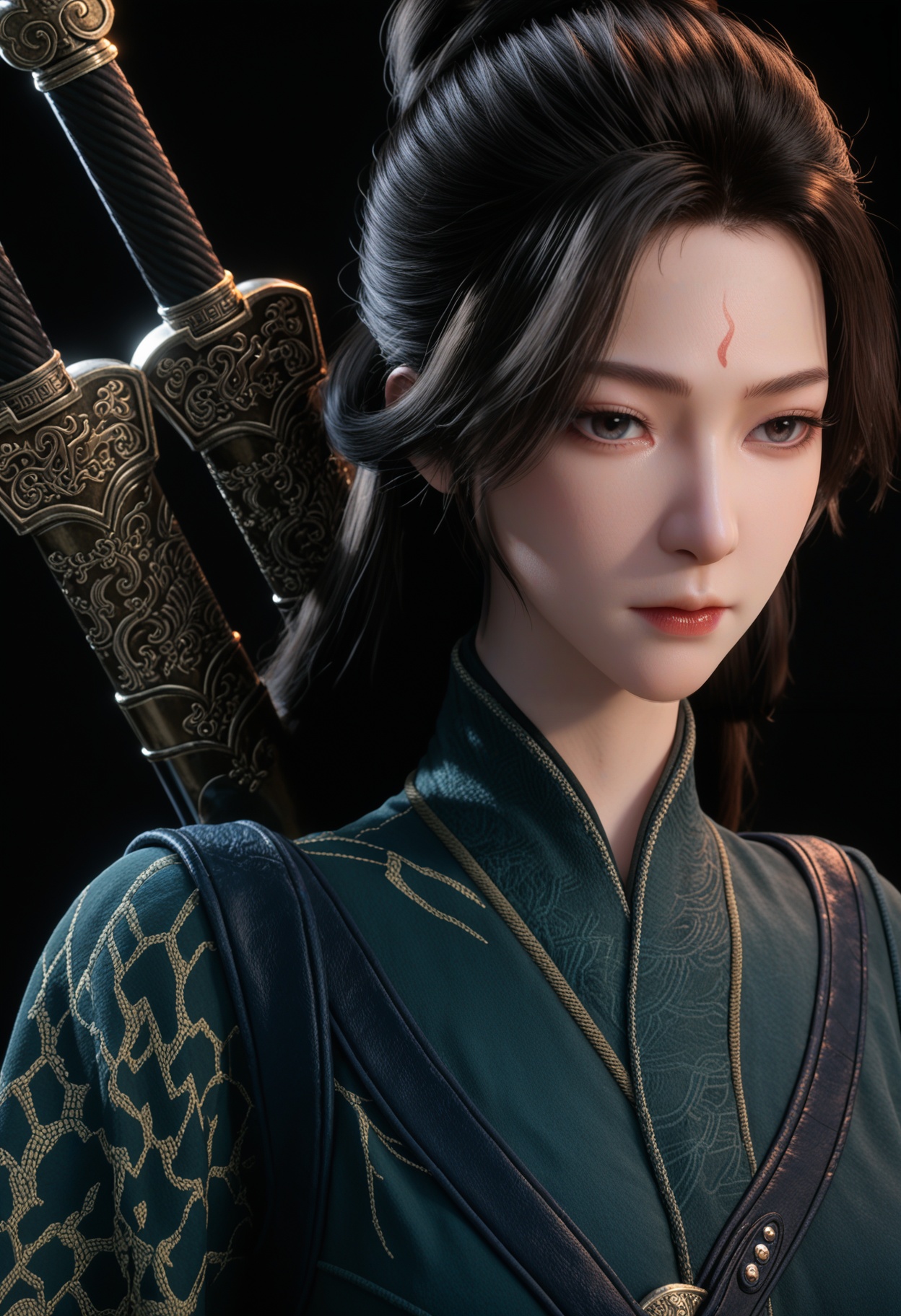 (upper_body:1.2),(score_9:1.2),(score_8_up:1.2),(top quality, 8k wallpaper:1.1),(masterpiece:1.1),(best quality:1.2),(intricate details),8k,1girl,facing viewer,(looking at viewer:1.1),<lora:YQ_pony_wentianren_shinv_V4:0.92:lbw=1,1,1,1,1,1,1,1,1,0.8,0.8,0.1>,q1528437228,1girl,solo,black hair,long hair,chinese clothes,forehead mark,weapon,sword,weapon on back,sword on back,long sleeves,hair bun,sword behind back,blue eyes,black eyes,boots,sheath,brown hair,jewelry,brown eyes,black footwear,hair rings,BREAK(score_9:1.2),(score_8_up:1.2),masterpiece,best quality,very aesthetic,perfect anatomy,(hourglass),perfect face,(simple background,pure black background,black background:1.1),fair_skin,(shiny_skin:1.1),Ivory_skin,