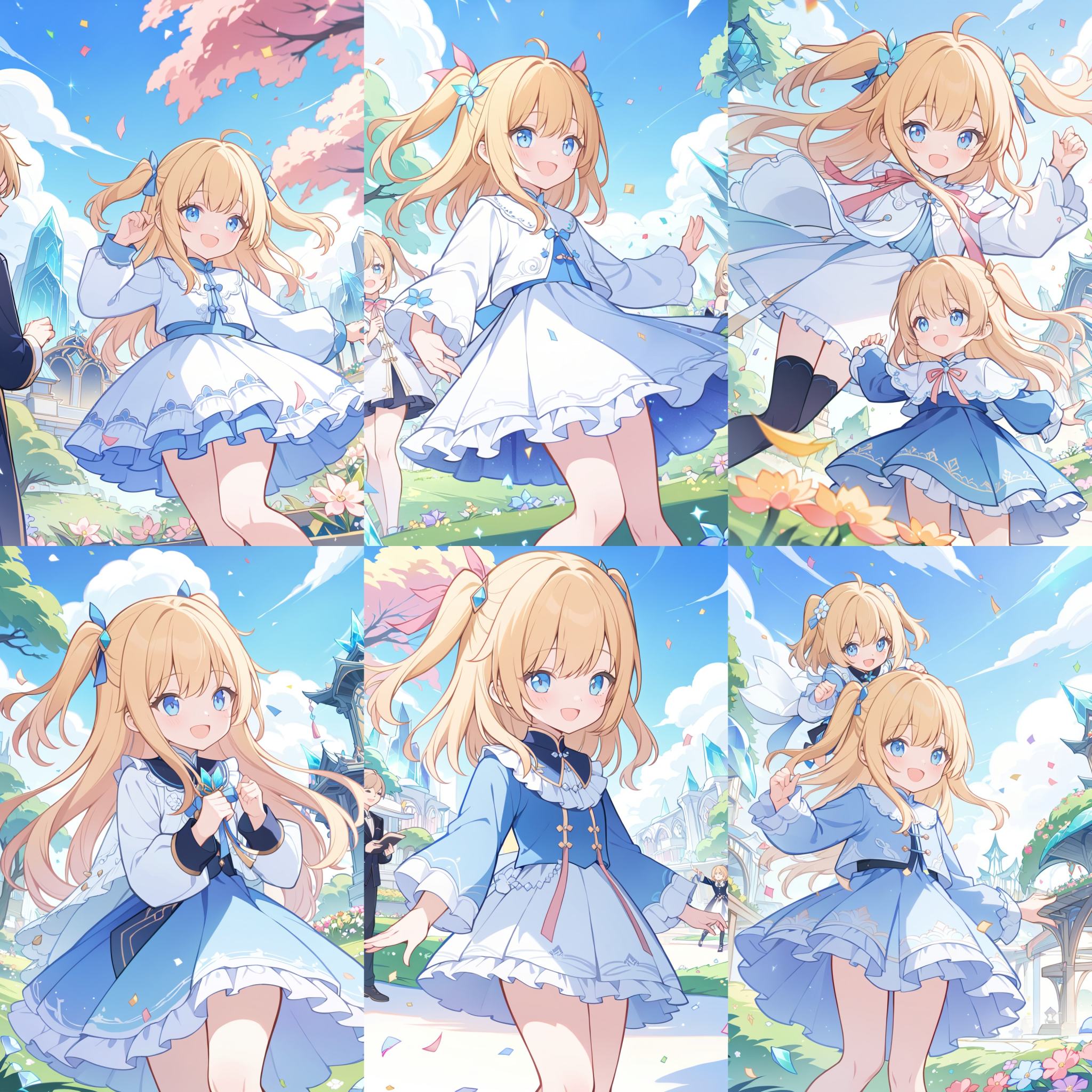 ((masterpiece)),(best quality),(beautiful detailed eyes),(ultra-detailed),(finely detail),(highres),((little female child)),two side up,detailed beautiful long blonde hair,pink ribbon,detailed beautiful blue eyes,white frilled dress,lace-trimmed,long sleeves,flower garden,wind,happy,laughing,confetti,petals,blue sky with clouds,(crystal trees:1.2),(detailed beautiful flowers:1),detailed beautiful background,<lora:liyueFP8-000002:0.7>,