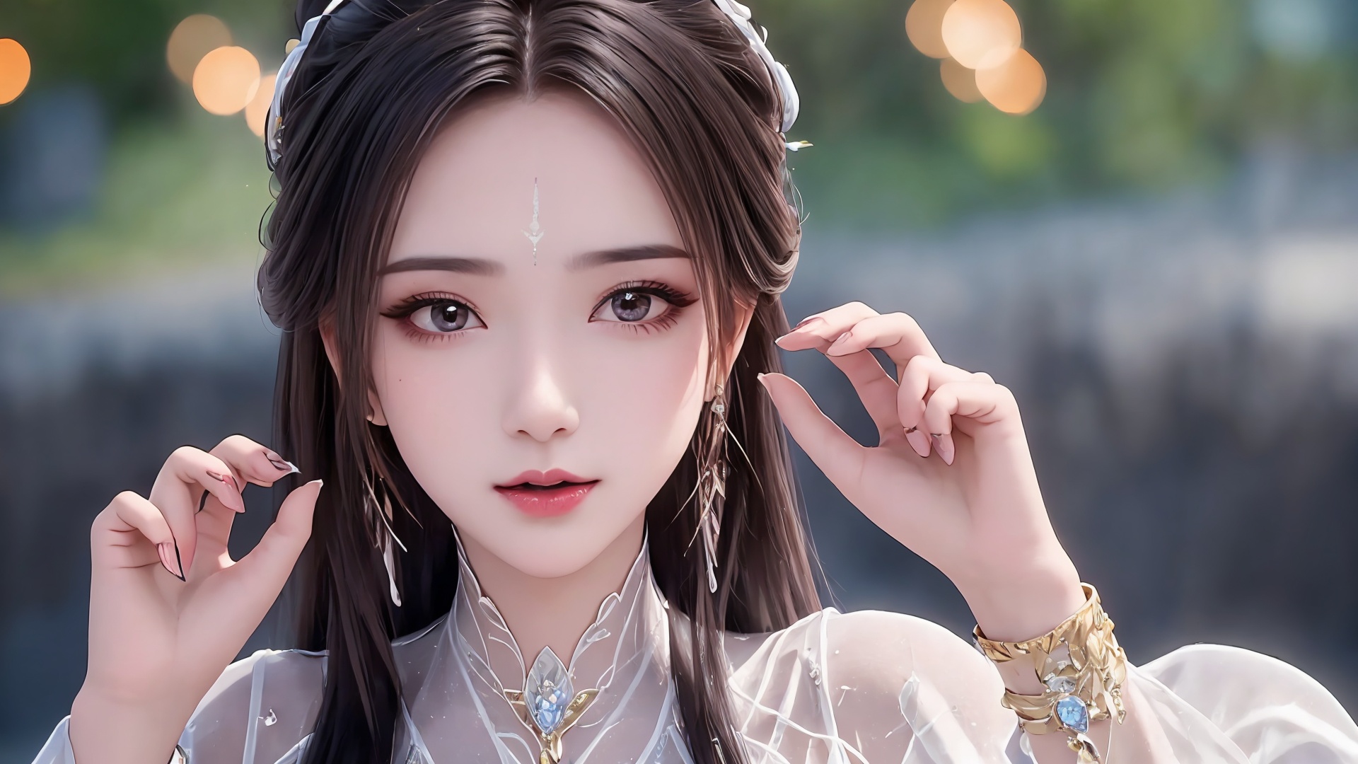 1girl,hair ornament,long hair,forehead mark,solo,black hair,facial mark,upper body,index finger raised,dress,looking at viewer,jewelry,white dress,hair bun,blurry background,<lora:girl solo luxueqi_20240911015355:0.7>,<lora:【面部细节优化】拒绝一眼Ai暖白美颜滤镜-冷白皮美颜去油腻_v1.0:0.6>,