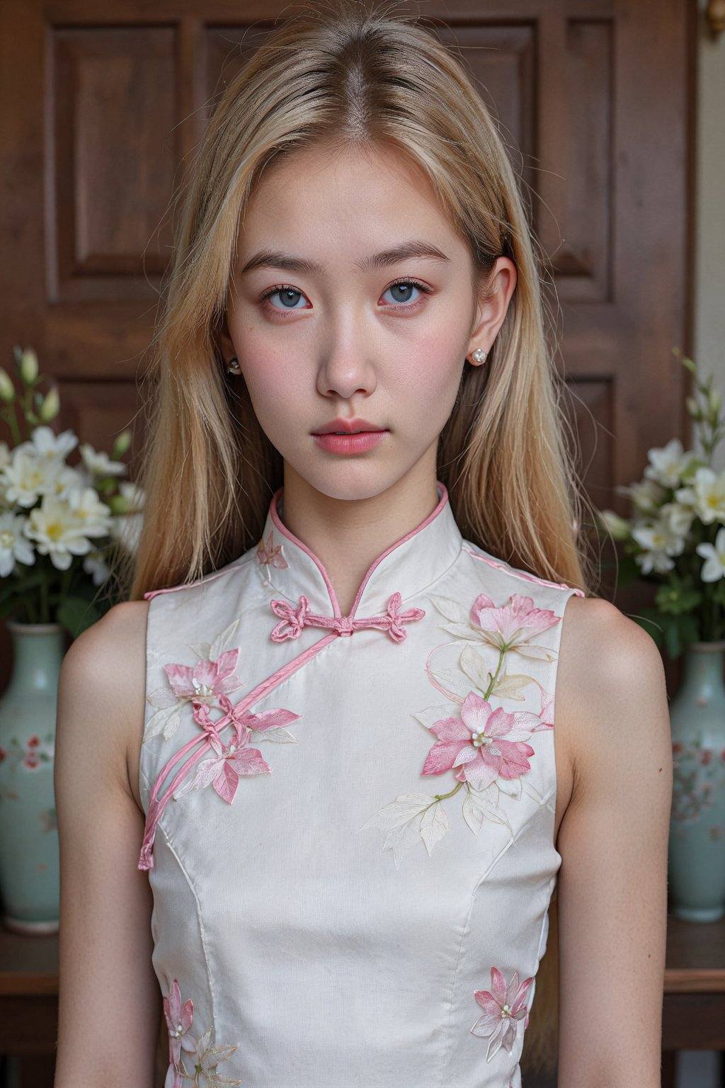 Photograph of a young Caucasian woman with fair skin and long,  straight blonde hair,  wearing a sleeveless on Tensor.Art