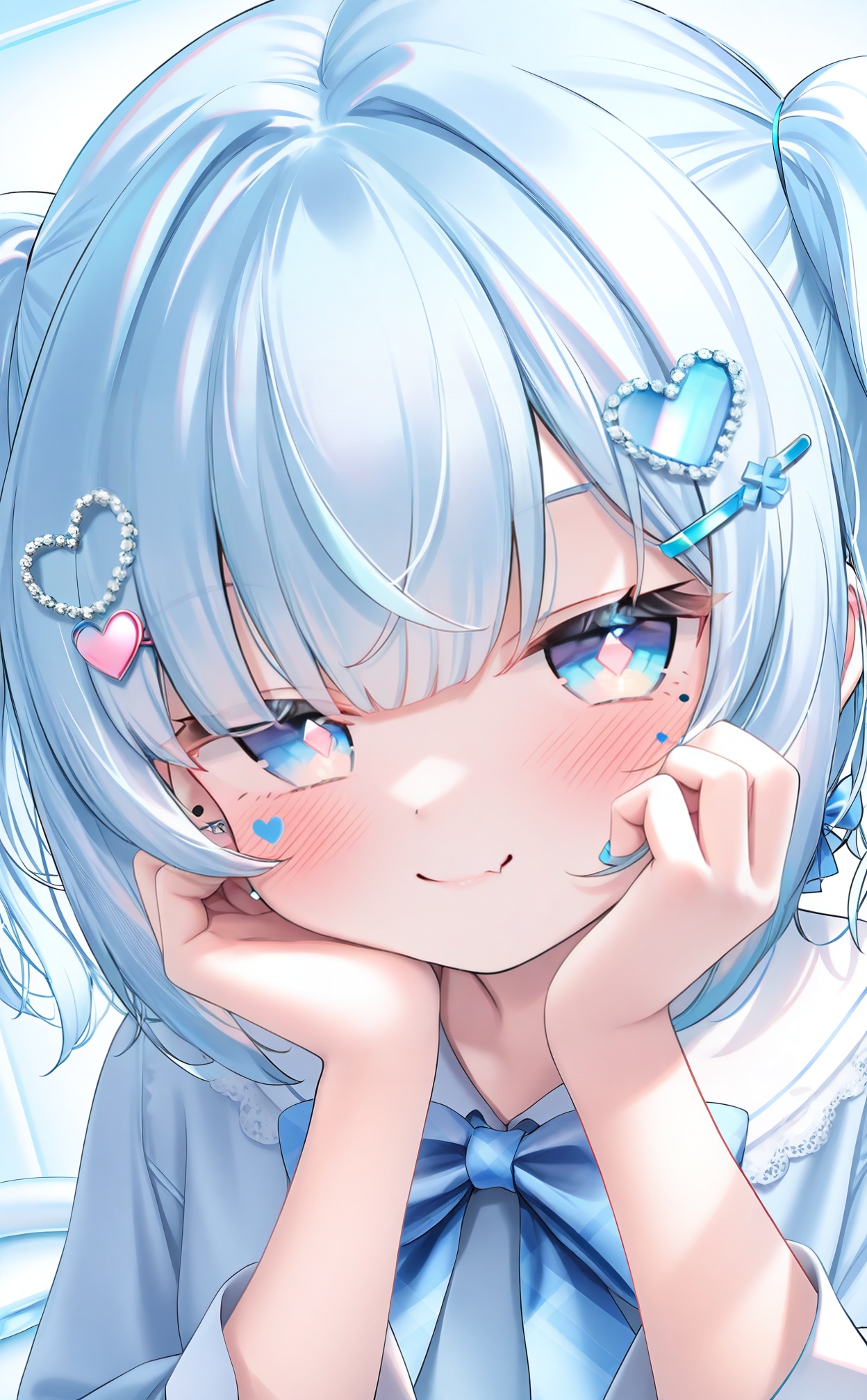 masterpiece,absurdres,best quality,high quality,chromatic_aberration,//,1girl,solo,blue eyes,hair ornament,skin fang,looking at viewer,blue hair,hairclip,portrait,nail art,jewelry,blue nails,fang,close-up,sticker on face,hands on own face,earrings,heart,nail polish,closed mouth,hands on own cheeks,bow,smile,heart facial mark,heart hair ornament,twitter username,heart in eye,bow earrings,blue theme,blue bow,hands up,symbol in eye,fang out,x hair ornament,diamond (shape),mole,star facial mark,artist name,mole under eye,eyelashes,blush,multiple hairpins,light blue hair,//,//,<lora:鬼针草—【CKXL】hans:1>,