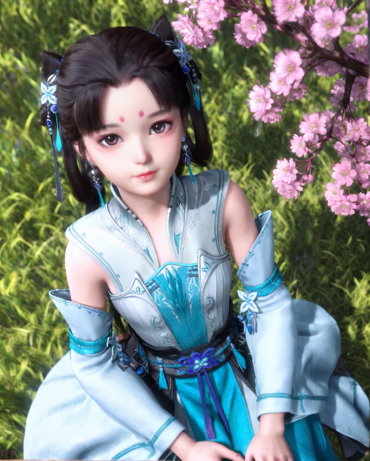 <lora:SF_XiaoLanLingE_Pony_Realism-000003:0.7>,1girl,solo,flower,forehead mark,twintails,dress,earrings,detached sleeves,facial mark,hair ornament,jewelry,sitting,looking at viewer,branch,black hair,long hair,from above,hair bun,blue dress,